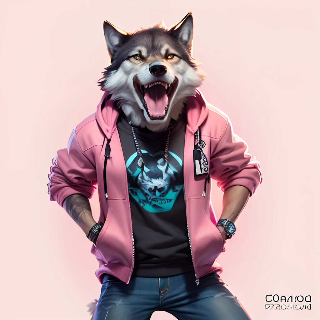 Hyper Realistic, (Rolex watch, wear Jeans) Pink Background, Pink Hoodie. Wolf.
