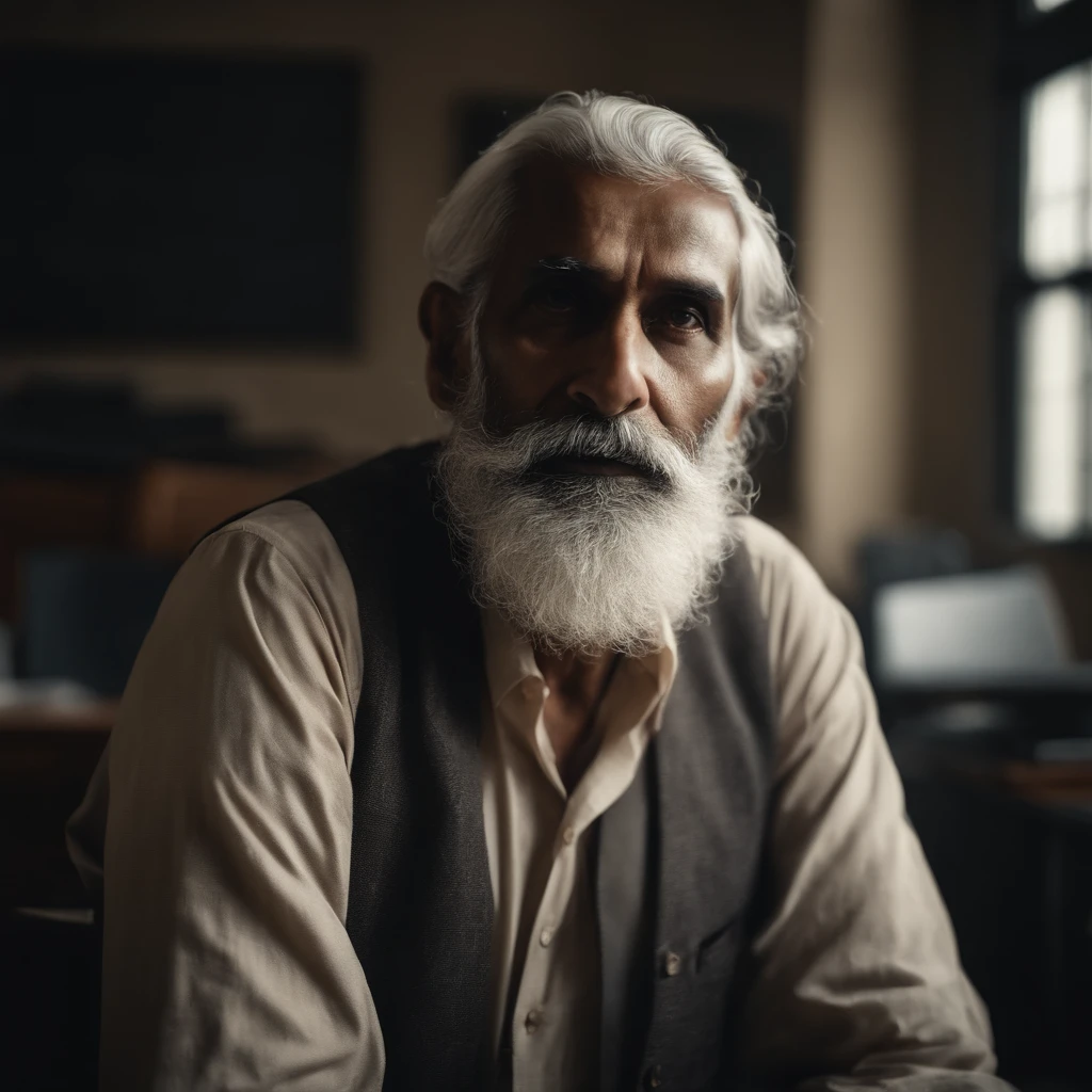 old young indian pale man with medium grey beard in old office , immersive