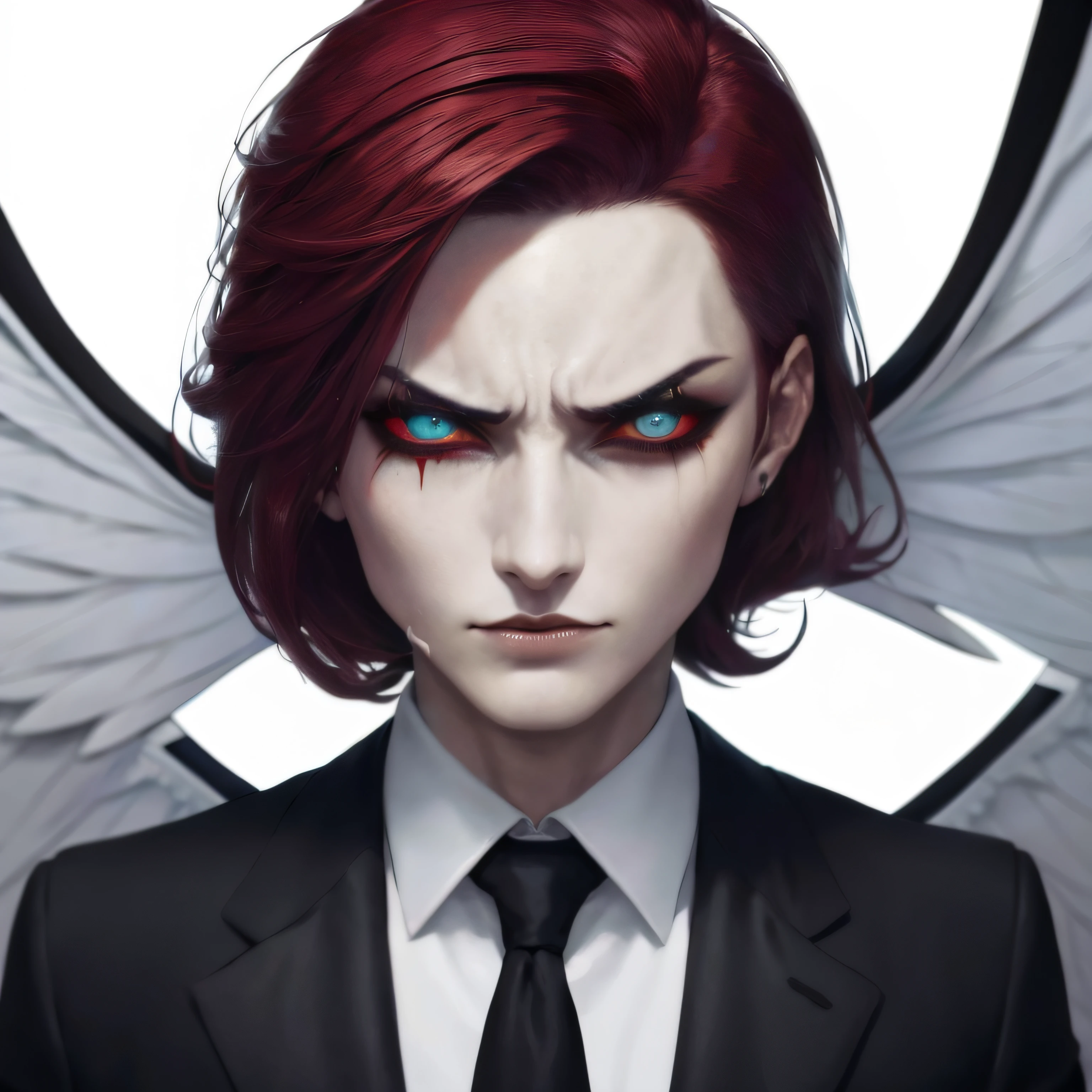 personagem de anime com cabelo vermelho e olhos azuis em um terno, androgynous vampire, cara bonito na arte demon slayer, attractive androgynous humanoid, Demon Slayer rui fanart, androgynous person, Beautiful androgynous prince, fanart detalhado, Jovem Anjo Wan, evil looking, Commission for High Res, fanart de alta qualidade, androgynous face