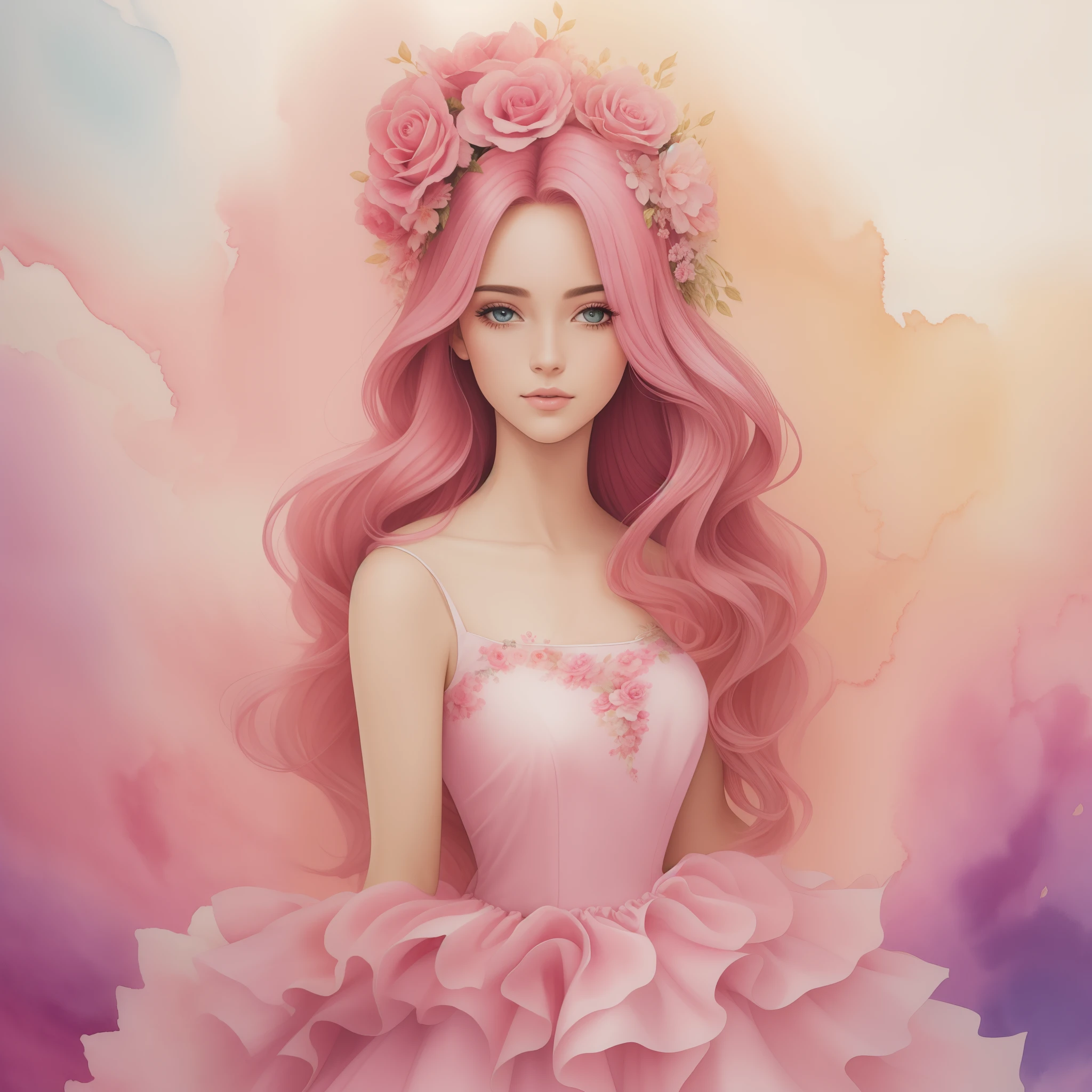 Uma pintura em aquarela de mulher de    longos cabelos vermelhos  encaracolado   em um vestido de princesa rosa com uma coroa de flores,vestido