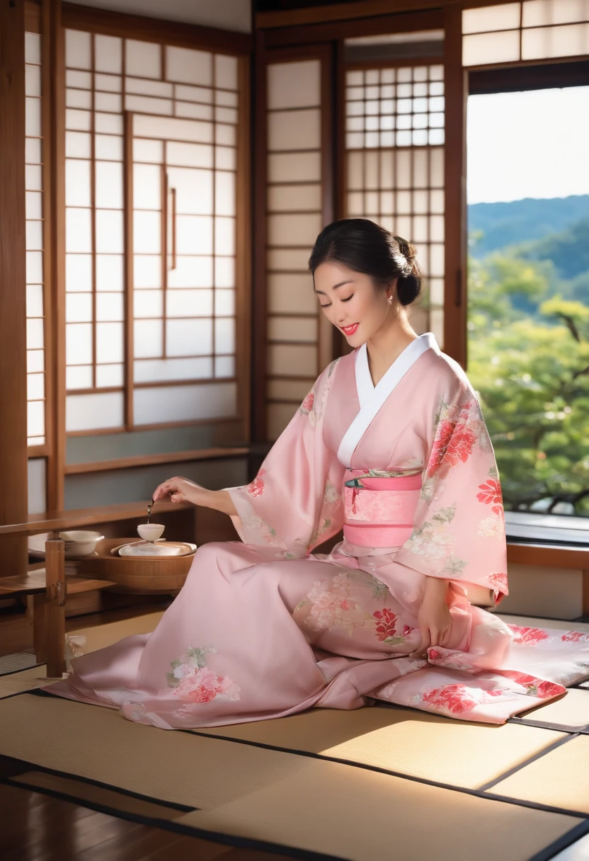 Young and beautiful Japan woman who seems to like foreigners sitting in tatami room of a tea house in Kyoto、Wearing a pink floral kimono、Gentle smile（High-quality, realistic images）（Best Quality、8k）