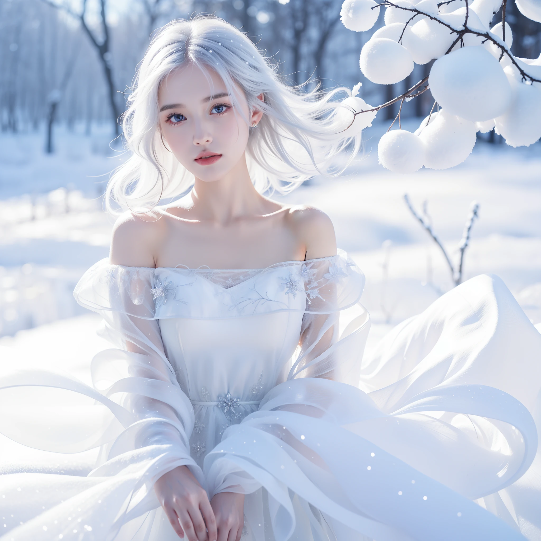 1girll,(Snow,Ice), snowflower, In winter, White hair, Shiny hair, Wavy hair, Transparent clothes, frilld, Lace, Wet clothes, Off_Shoulder, hair scrunchie,Masterpiece, Telephoto lens, absurderes, Exquisite facial features