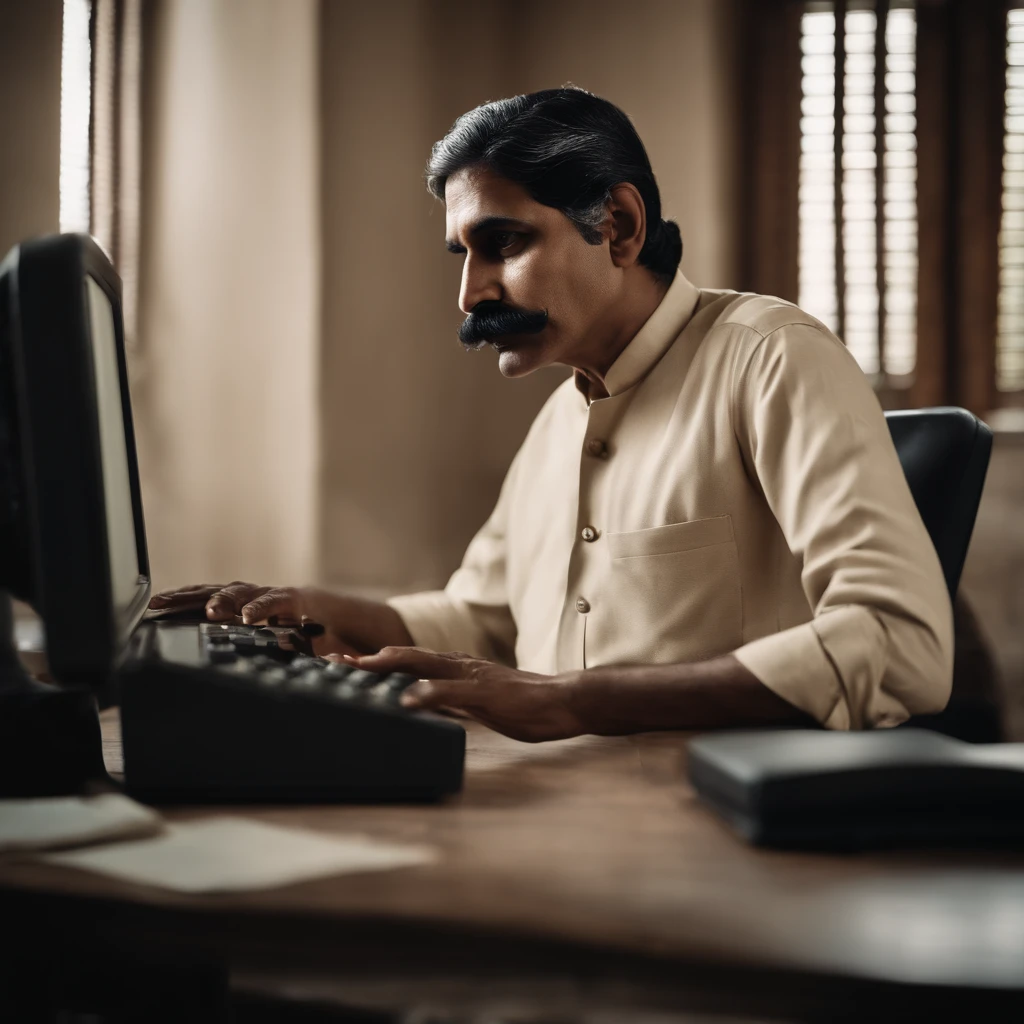old young indian pale man with medium black mustache in old office with old computer , immersive