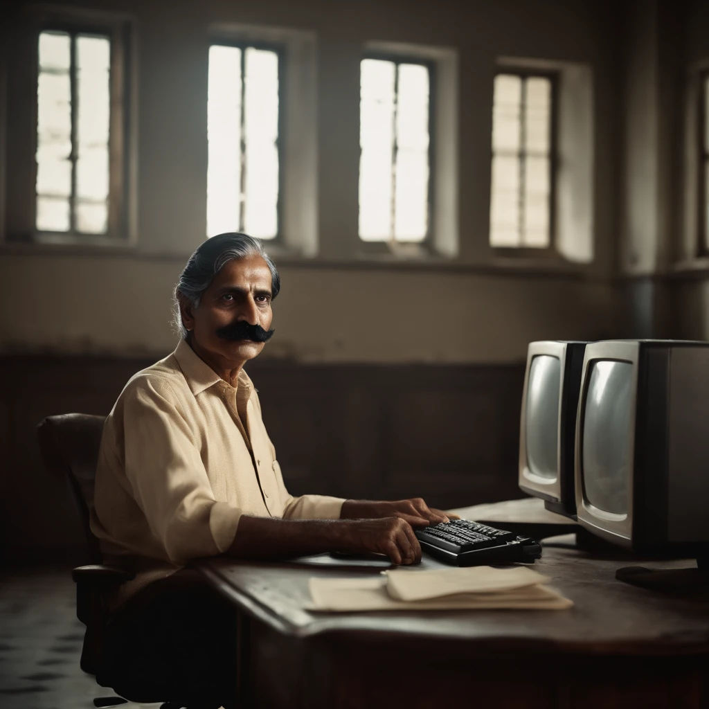 old young indian pale man with medium black mustache in old office with old computer , immersive