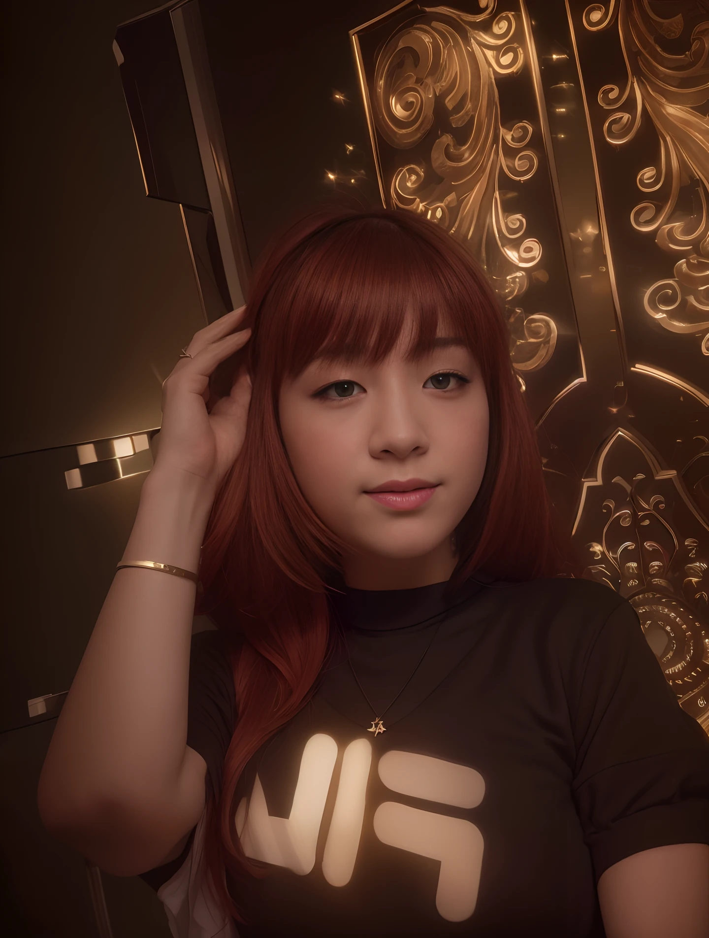 best quality, masterpiece, higirl, , redhead, hair accessories, necklace, jewelry, pretty face, upon_body, tyndall effects, photorealistic, shadow studio, rim lighting, dual color lighting, (high detail skin: 1.2), 8k uhd, dslr, soft lighting, high quality, volumetric lighting, candid, photo, high resolution, 4k, 8k, bokeh