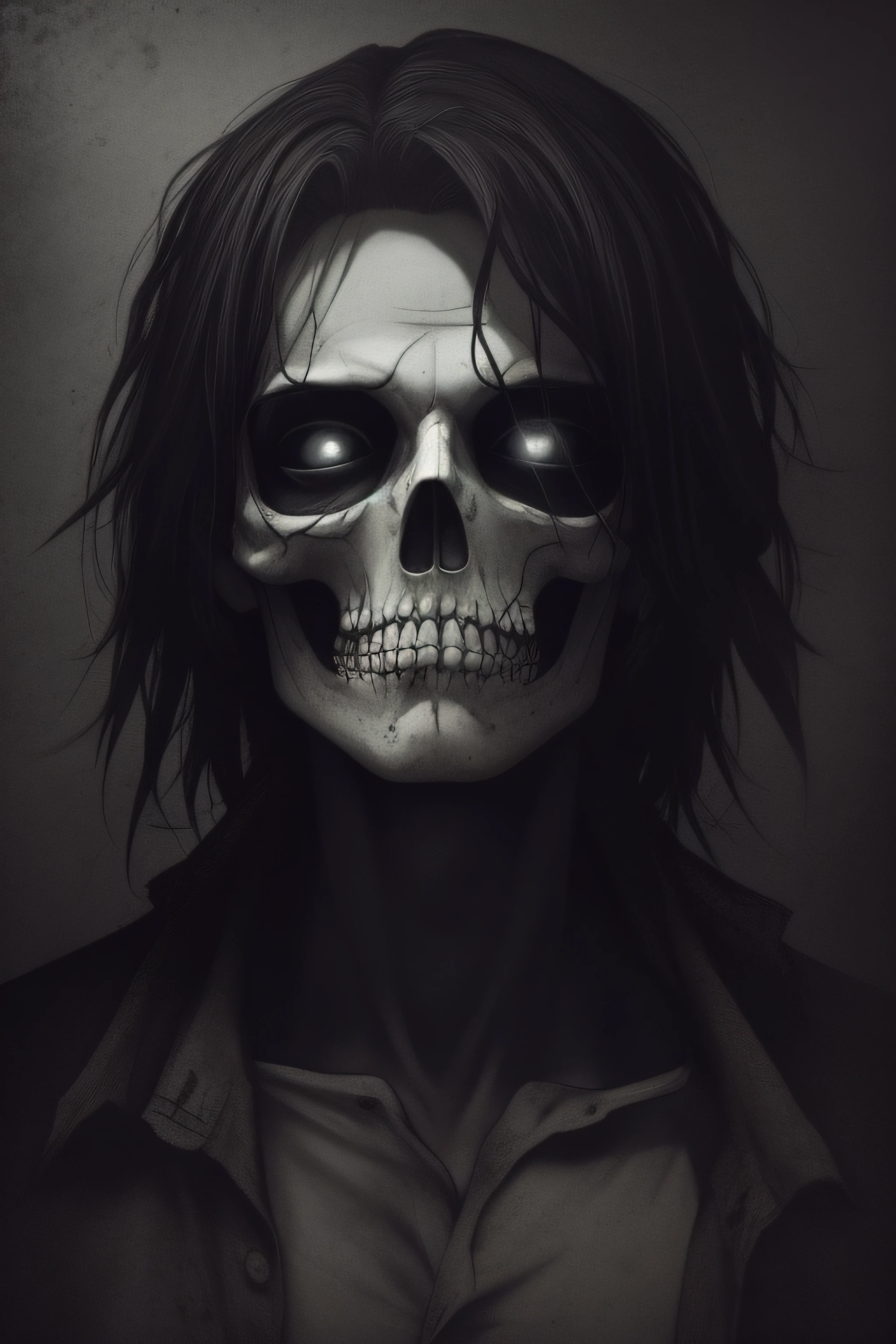 A dead person with open eyes and grim expression, envolta em sombras escuras, em um ambiente misterioso e sinistro, com tons de preto e cinza predominantes.