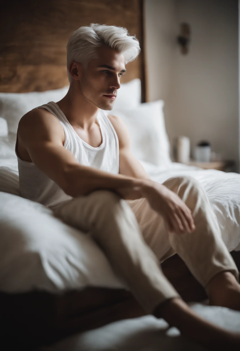 20-year-old male with white hair, two block haircut , dressed in a plain white tank top, lying on a bed, pensive expression