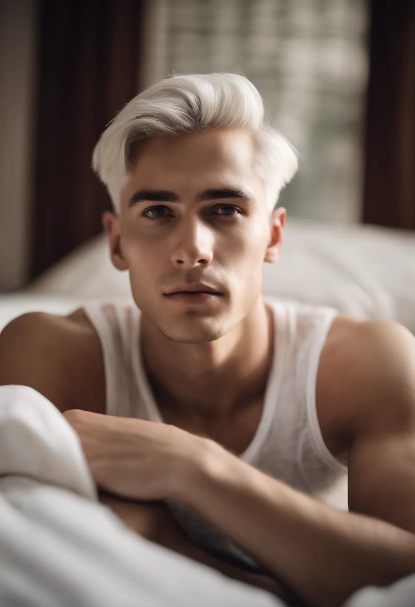 20-year-old male with white  hair, two block haircut , dressed in a plain white tank top, lying on a bed, pensive expression