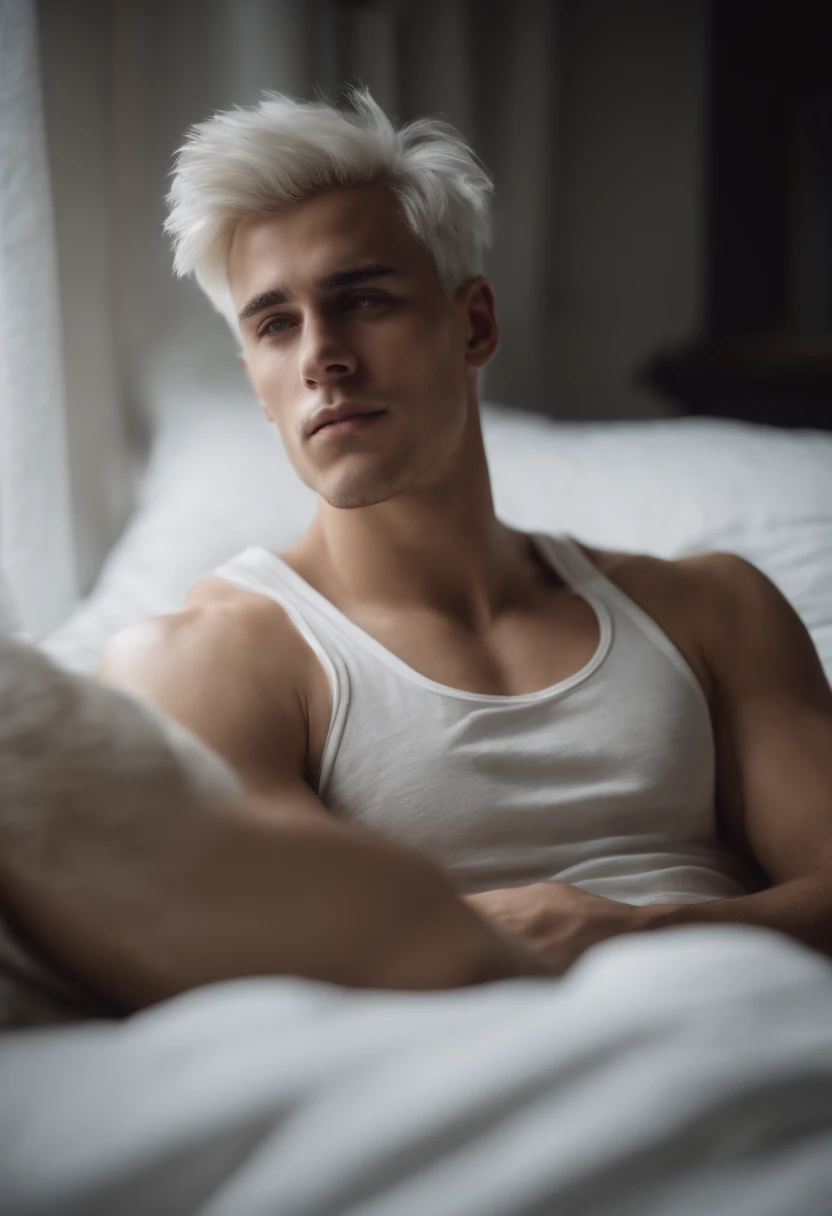 20-year-old male with white  hair, two block haircut , dressed in a plain white tank top, lying on a bed, pensive expression