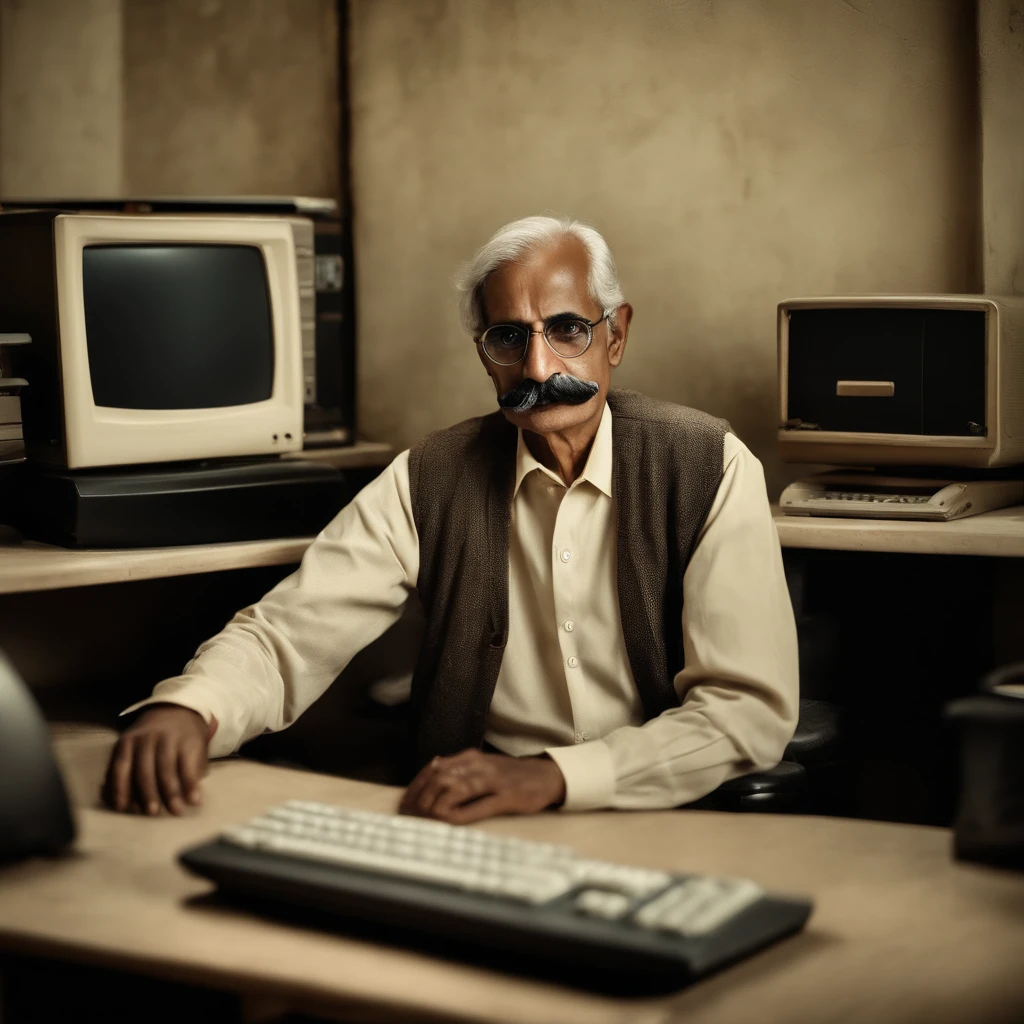 old young indian pale man with black mustache in old office with old computer , immersive, wearing Spectacles