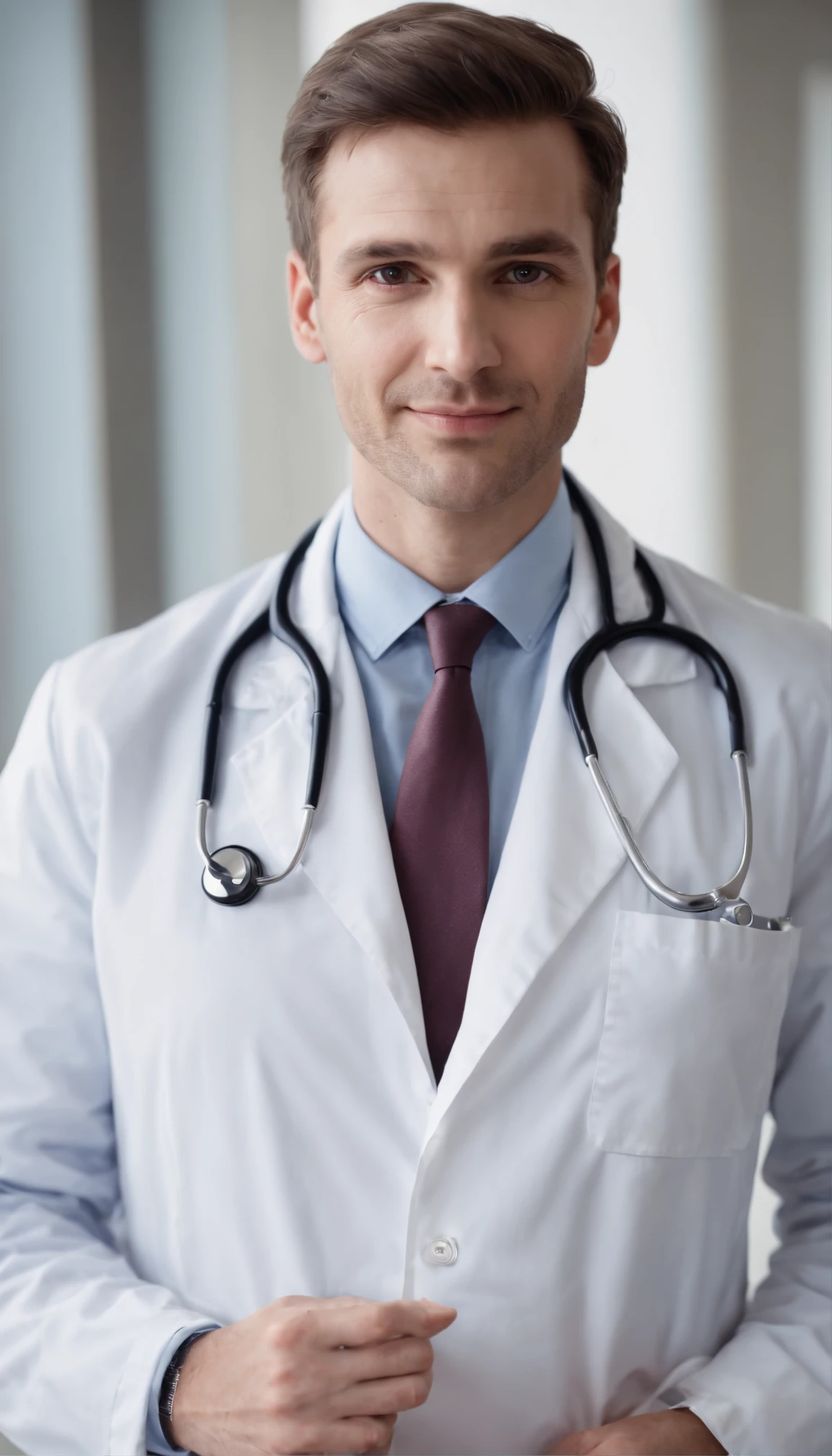 A sexy male doctor wearing lab coat, stethoscope and gloves, he is very handsome,he has a great penis