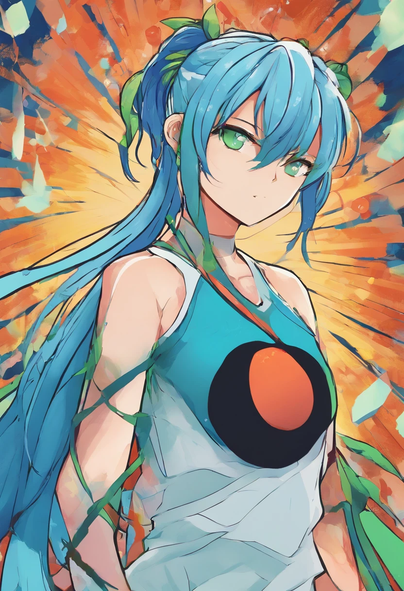beautiful tall mom with blue ponytail hair, green eyes, blue top shirt and blue shorts