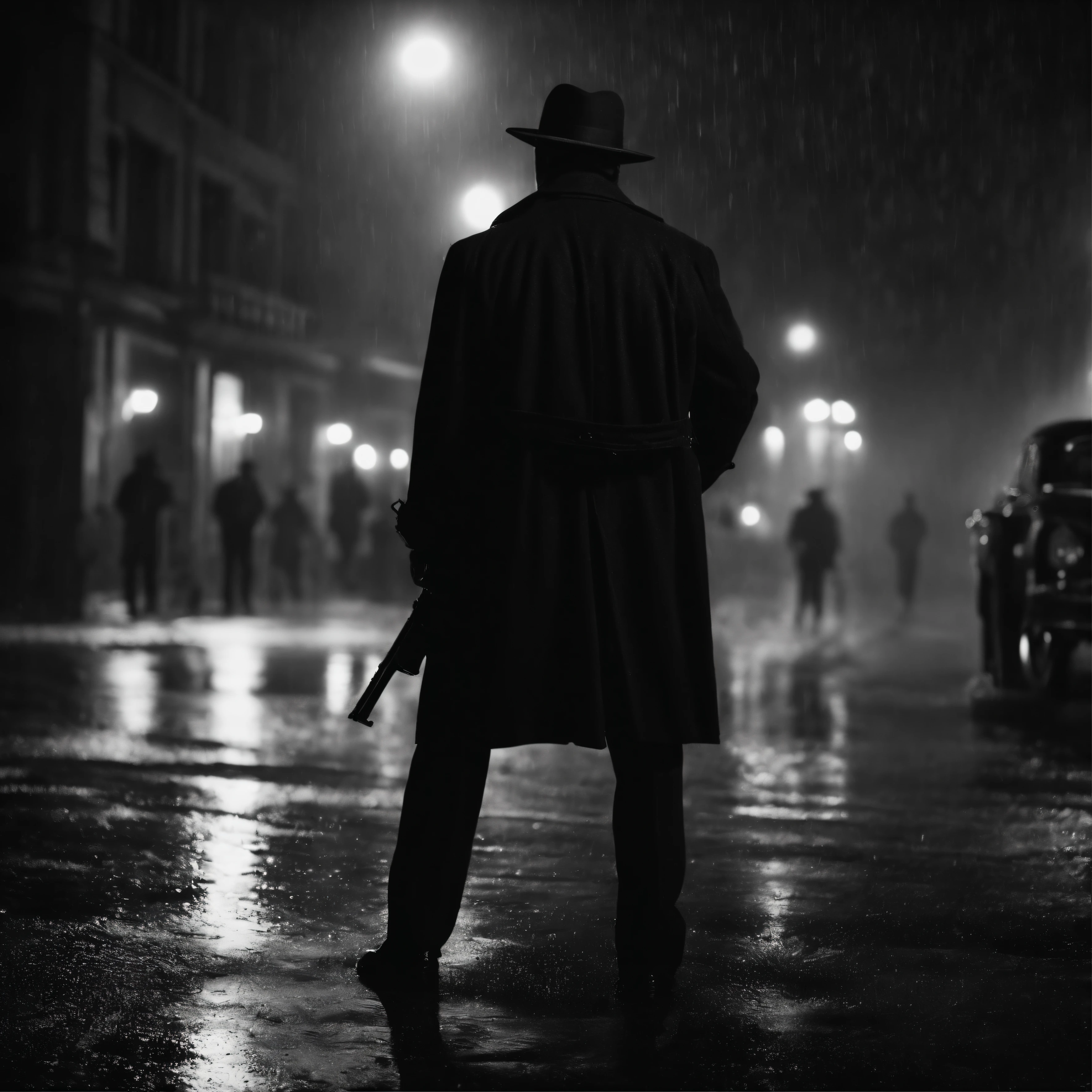 calle de noche, (Film Noir style), (acabado realista),A man stands in the middle of the street and holds a gun, it's raining