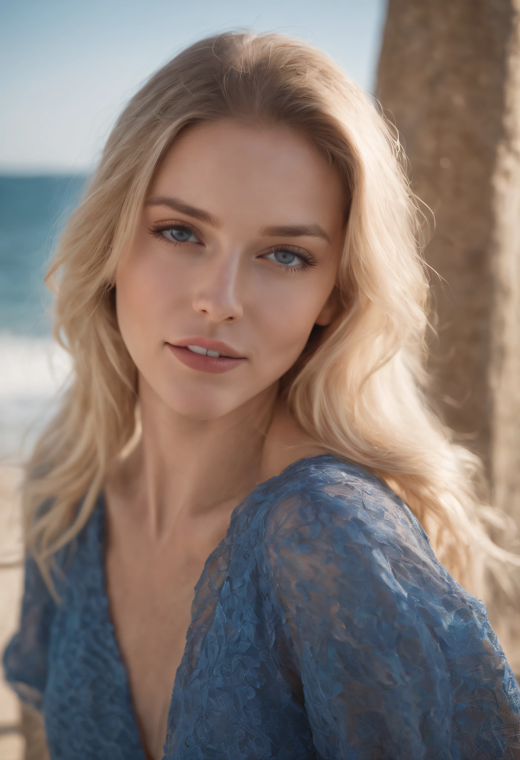 Pretty Woman, Wind blowing blonde hair, bright blue eyes, realisitic, masutepiece, detaileds, 4K, Beach background, High detail lights, lite smile, Black skin, Wake up、​masterpiece, top-quality, hightquality, hight resolution