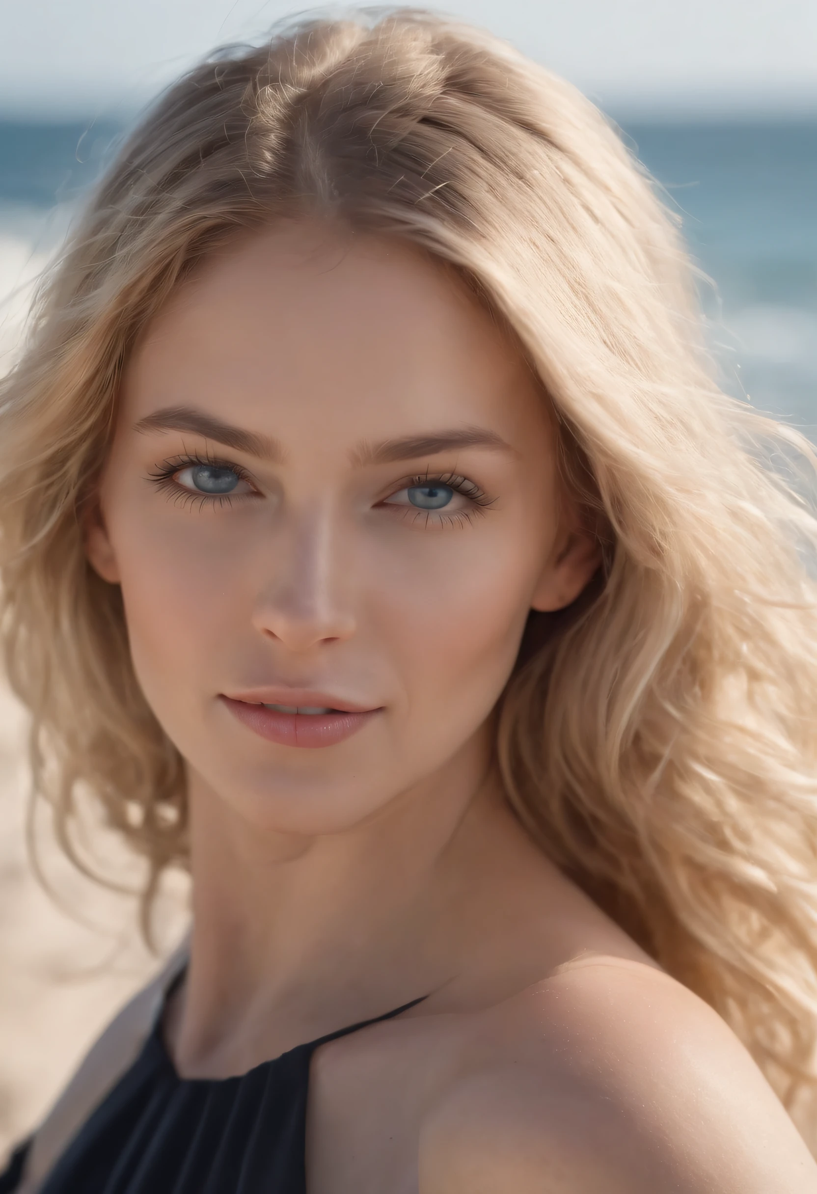 Pretty Woman, Wind blowing blonde hair, bright blue eyes, realisitic, masutepiece, detaileds, 4K, Beach background, High detail lights, lite smile, Black skin, Wake up、masterpiece, top-quality, hightquality, hight resolution