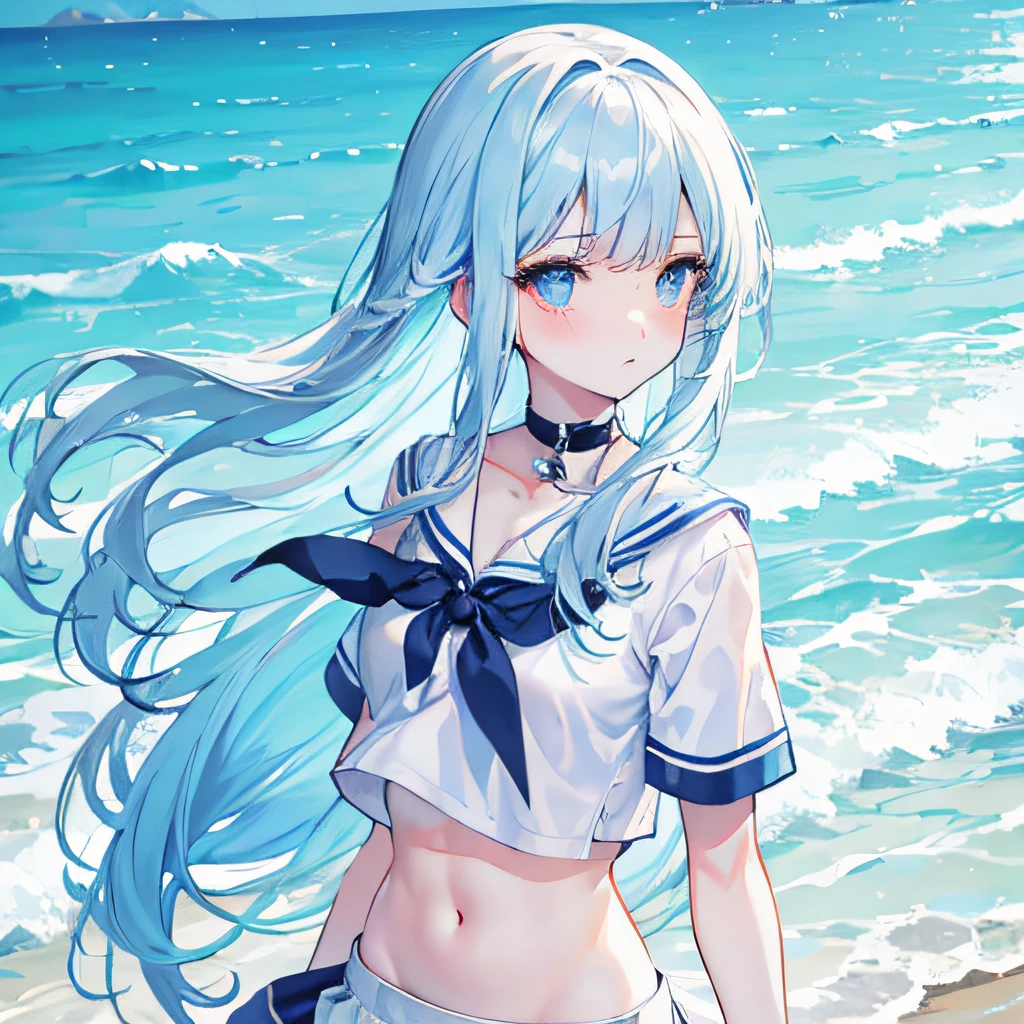 Cold girl White pupils Aqua blue hair Long hair Cold expression White short sleeves,short skirt,Crop topping, sea beach background