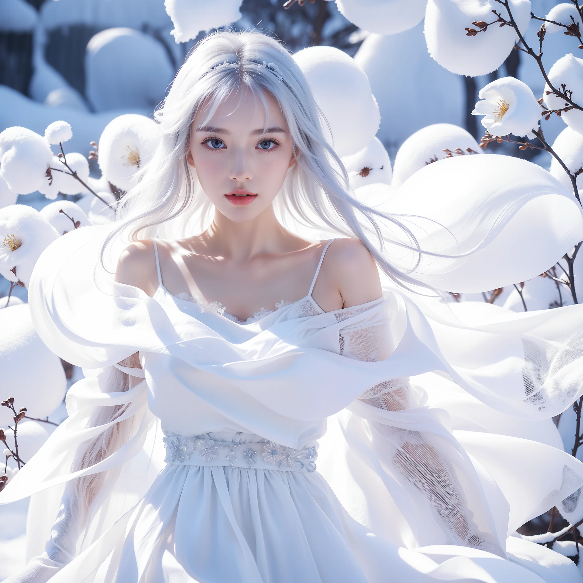 1girll,(Snow,Ice), snowflower, In winter, White hair, Shiny hair, Wavy hair, Transparent clothes, frilld, Lace, Wet clothes, Off_Shoulder, hair scrunchie,Masterpiece, Telephoto lens, absurderes, Exquisite facial features