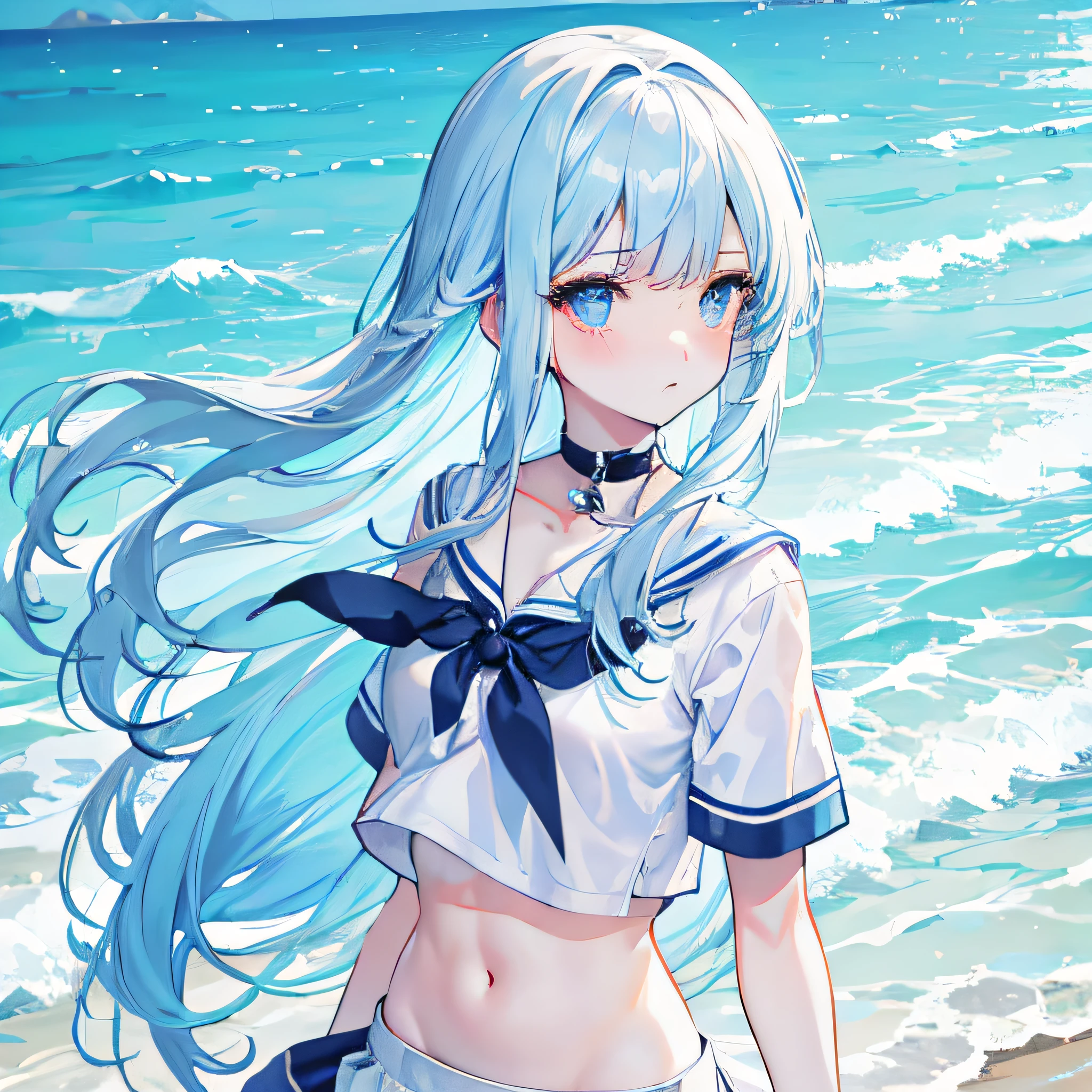Cold girl White pupils Aqua blue hair Long hair Cold expression White short sleeves，short  skirt，Crop topping， sea beach background