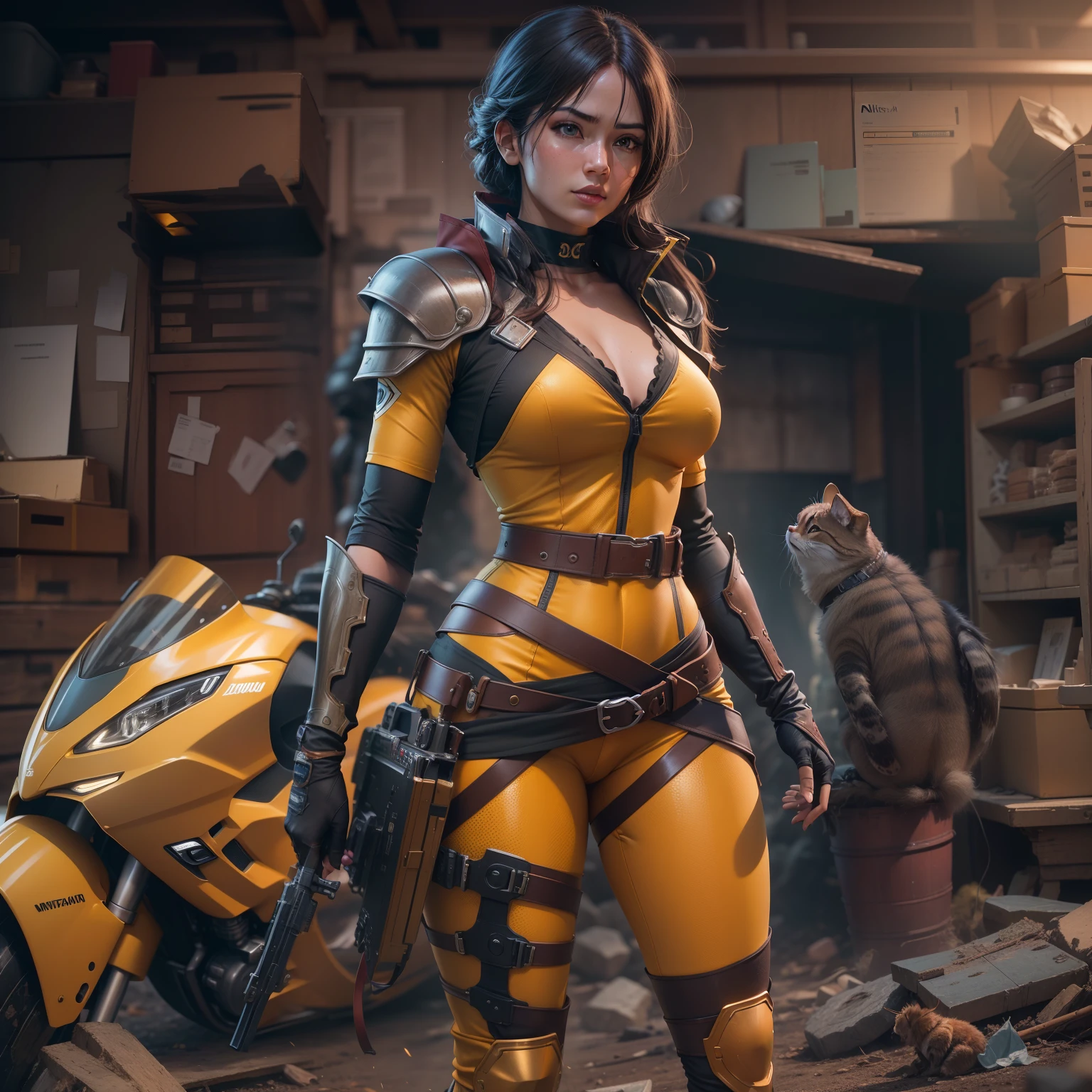 Alafed woman in yellow clothes holding gun in abandoned area, Full Body Ninja Gaiden Girl, ultra-realistic background, As a panel for Marvel Comics, render of a cute 3d anime girl, characters merged, brown armor, Asian Woman, uzumaki, Character mashups, Mutated, ong, Anime series, masterpiece, top-quality: 1.4, cinematic, Stock Film Nikon D850 Photo, Kodak Portra 400 F1 Lens Camera.6, ighly detailed, Awesome, finely detail, richly colored, Realistic ultra-realistic textures, dramatic lighting, Unreal Mechanism, Trending on ArtStation, cinestill 800 tungsten, photos realistic, Photo Raw, TanvirTamim , hightquality, hight resolution, foco nítido, ighly detailed, cinematic lightening, 8K UHD, masterpiece, top-quality: 1.4, cinematic, Stock Film Nikon D850 Photo, Kodak Portra 400 F1 Lens Camera.6, ighly detailed, Awesome, finely detail, richly colored, Realistic ultra-realistic textures, dramatic lighting, Unreal Mechanism, Trending on ArtStation, cinestill 800 tungsten, photos realistic, Photo Raw, TanvirTamim , hightquality, hight resolution, foco nítido, ighly detailed, cinematic lightening, 8K UHD, 458 / 5.000 Translation Results Masterpiece Translation Results, Best Quality: 1.4, Cinematic, Film Stock Nikon D850 Photos, Camera Lens Kodak Port 400 F1.6, Extremely detailed, amazing, Fine details, Rich colors, Realistic ultra-realistic textures, Dramatic Lighting, Unreal Engine, Trending in art stations, cinestill 800 tungsten, photos realistic, Raw photo, TanvirTamim, High quality, High resolution, Sharp Focus, Extremely detailed, Cinematic lighting, 8K UHD,Fighting bees