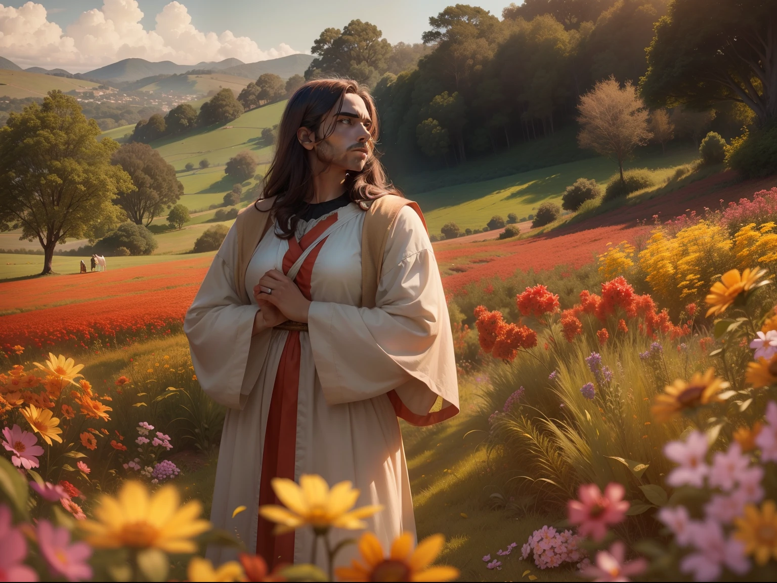 Descreva uma imagem de Jesus Cristo guardando uma mulher morena, a protegendo. Vivid 8k quality image with richness of detail and in a field setting with trees and flowers.