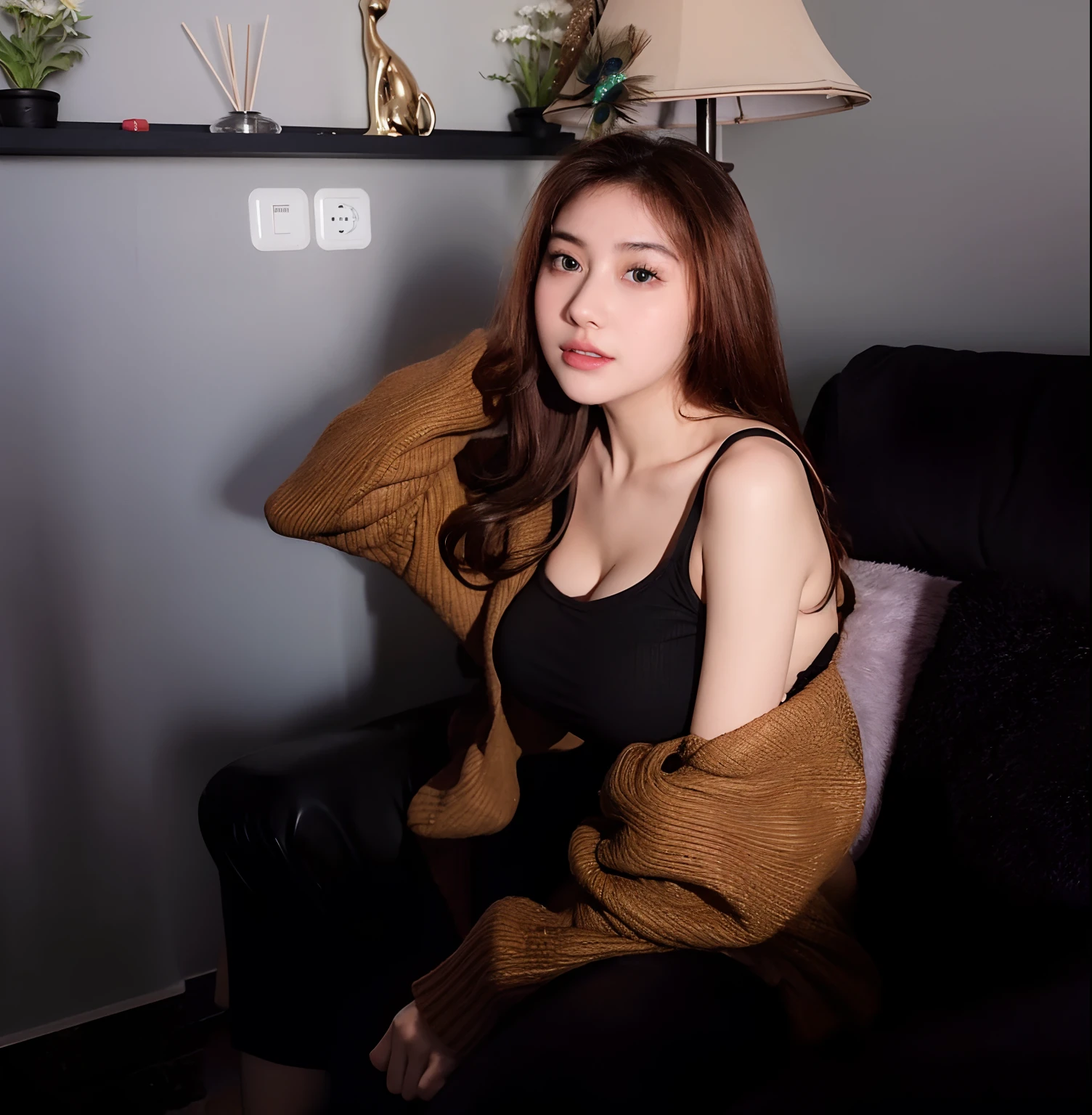there is a woman sitting on a couch with a remote control, けもの, sitting in her room, sitting on the bed, sitting in bedroom, 1 8 yo, sitting on her bed, gorgeous young korean woman, sitting on a bed, korean girl, low quality video, 4k post, 4 k post, low quality footage