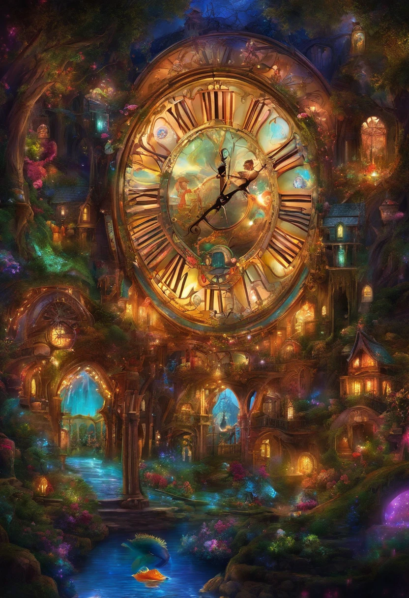 (Best quality,Realstic:1.2),Huge magical castle with a magnificent, colourfull, Horloge gigantesque au-dessus, Animated realistic style, huge magical castle, Vibrant colors, Detailed architecture, twinkling lights, Mystical atmosphere, Fanciful elements, Paysage enchanteur, Personnages vivants, Fairytale animated setting, Extraordinary attention to detail, Lively and realistic animation, Immersive experience, Impressive beauty, Ambiance vibrante et dynamique, Dreamlike quality, Effets visuels fascinants, Conception complexe, Complex clock mechanism, Artisanat exquis, Horlogerie vivante et complexe, Couleurs et motifs magiques, Monde enchanteur, Fantastic elements, magical aura, Vivid and captivating scenes, Vue grand angle, Stunning lighting effects, Lueur magique, Magical details, Animated watch figurines, Extraordinary scale, Clock inspired by fantasy, Enchantement magique dans tous les coins, Personnages fantaisistes, paysage pittoresque.