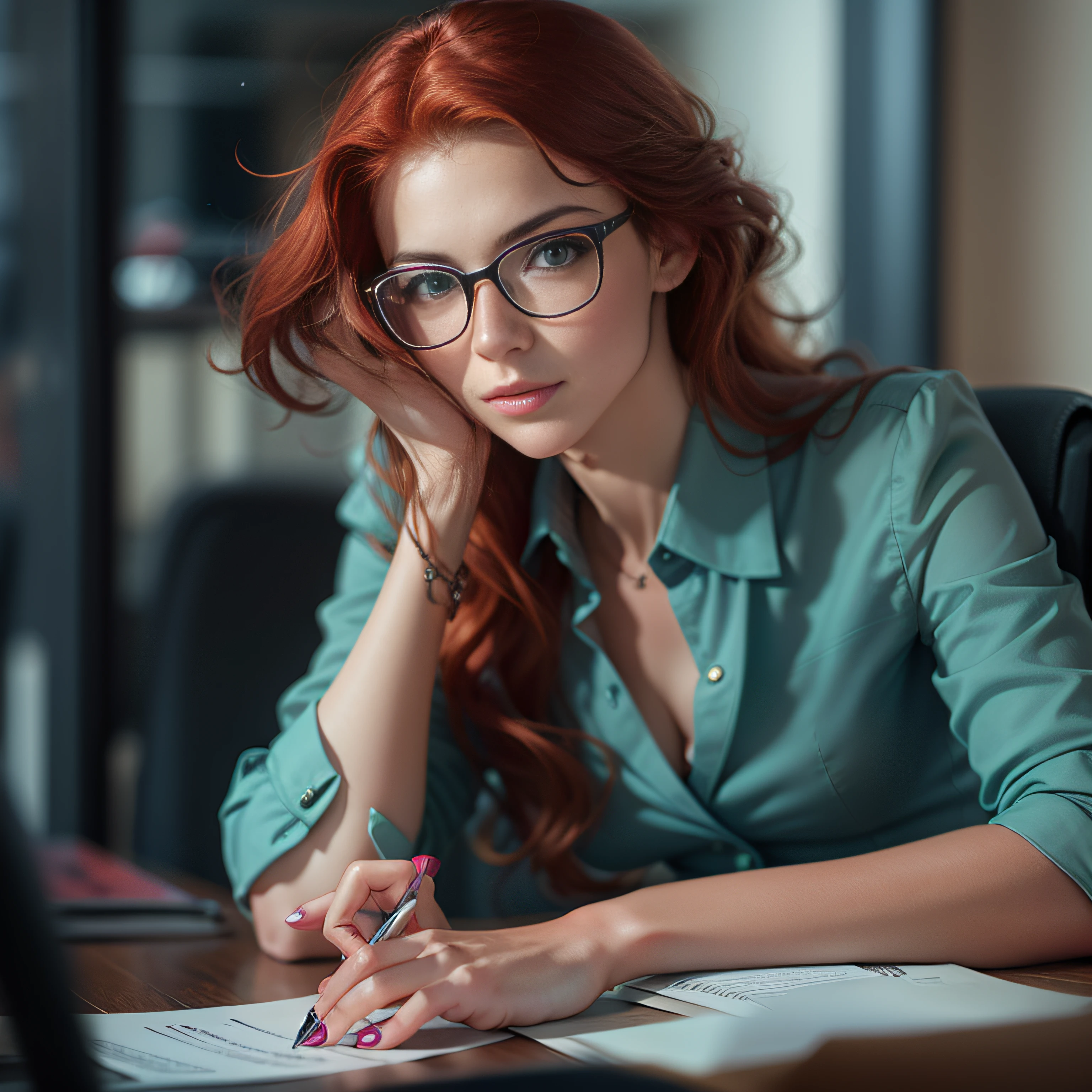 redhead woman in blue shirt and glasses sitting at desk with papers, female lawyer, female in office dress, woman in business suit, young business woman, girl with glasses, business woman, attractive female, attractive woman, well lit professional photo, wavy long black hair and glasses, wearing a suit and glasses, office clothes, photo of a woman, detailed professional photo,european,redhead,green eyes