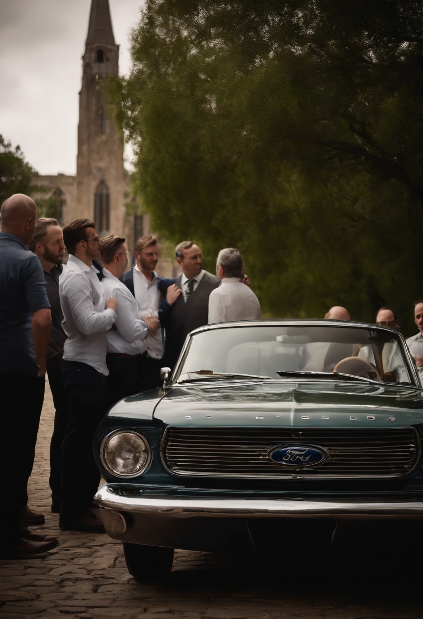 Ford II reunido con un grupo de ingenieros en la sala de juntas de ford motor company. El estilo es hiperrealista, fotorrealista, cinematography, Hermoso UHD