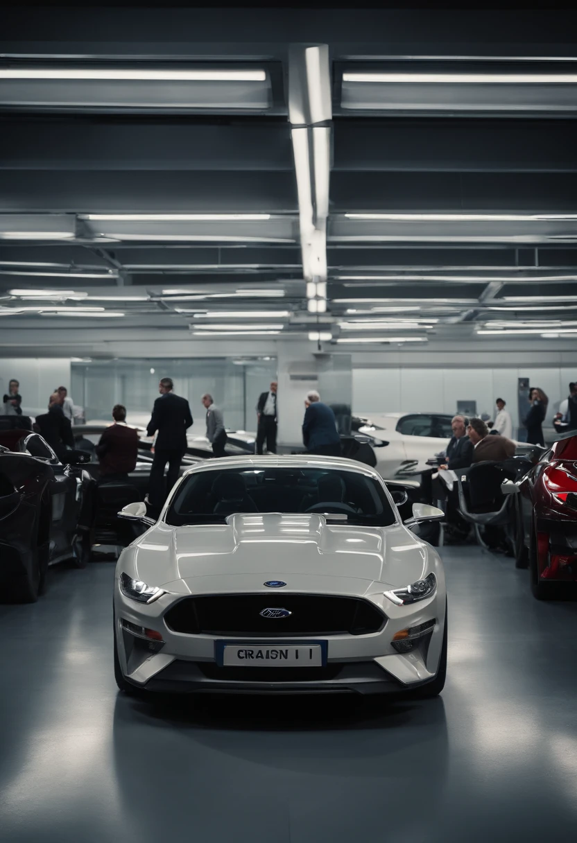 Ford II reunido con un grupo de ingenieros en la sala de juntas de ford motor company. El estilo es hiperrealista, fotorrealista, cinematography, Hermoso UHD