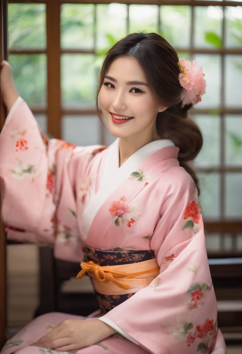 A close up of a woman in a pink kimono sitting on a chair - SeaArt AI