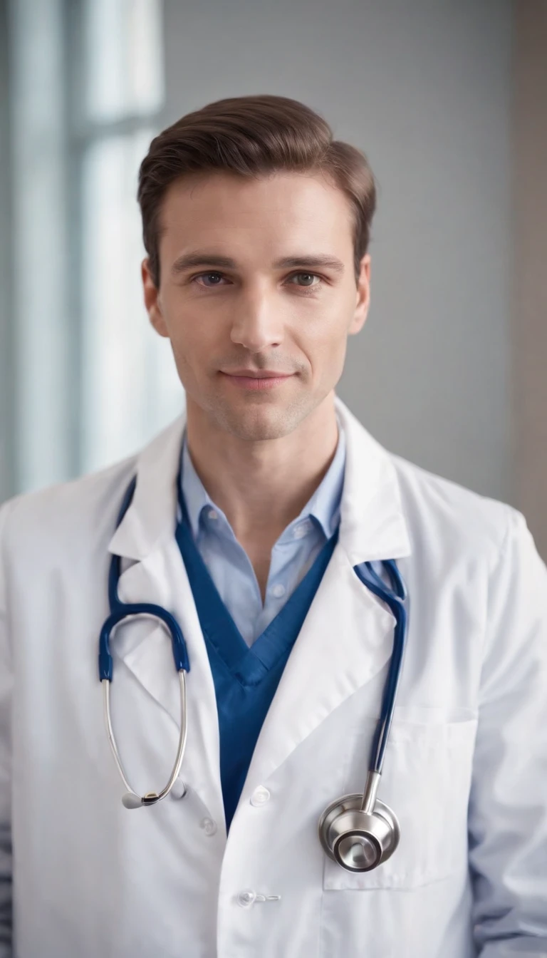 **A doctor in uniform and stethoscope, compo inteiro, looking-into-camera. --v 4: 50** - (quase) --s 2