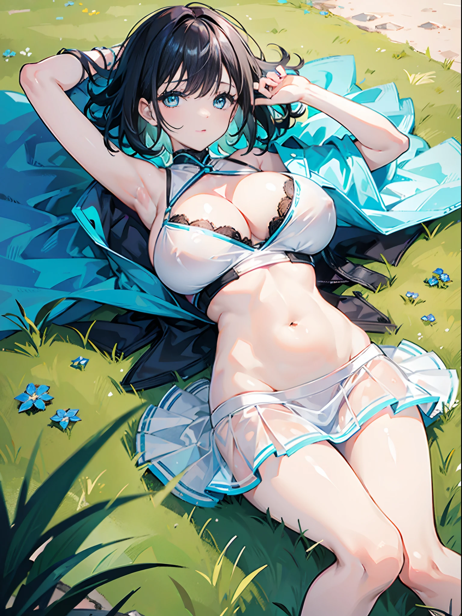 1 girl,gigantic cleavage breasts,with short black hair,Turquoise blue eyes,Transparent white mini-short top,Transparent white miniskirt,revealing her belly,exposing thighs,Reveals pink panties,Lie down,detailed finger,Grabbing the barren grass with both hands,legs are open,Distance,detailedbackground,On the steppe,In the barren grass,In the lions