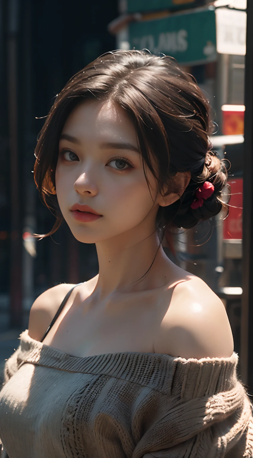 Best quality, masterpiece, ultra high res, (photorealistic:1.4), raw photo, 1girl, off shoulder, cinematic lighting