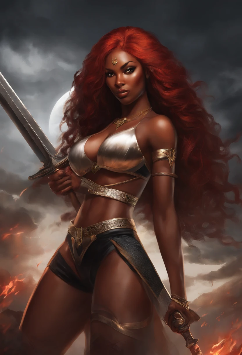 Create a highly detailed, realistic artwork of a stunning black anime girl with striking beauty. She should have long, flowing red hair that contrasts beautifully with her dark complexion. She's portrayed wearing a fierce and eye-catching bikini that complements her confident demeanor. In her hand, she holds a sharp and formidable sword, showcasing her strength and determination. The combination of her captivating presence, the vivid red hair, and her weapon should exude a powerful aura. The artwork should capture her essence and evoke a sense of strength, beauty, and fierceness in every detail