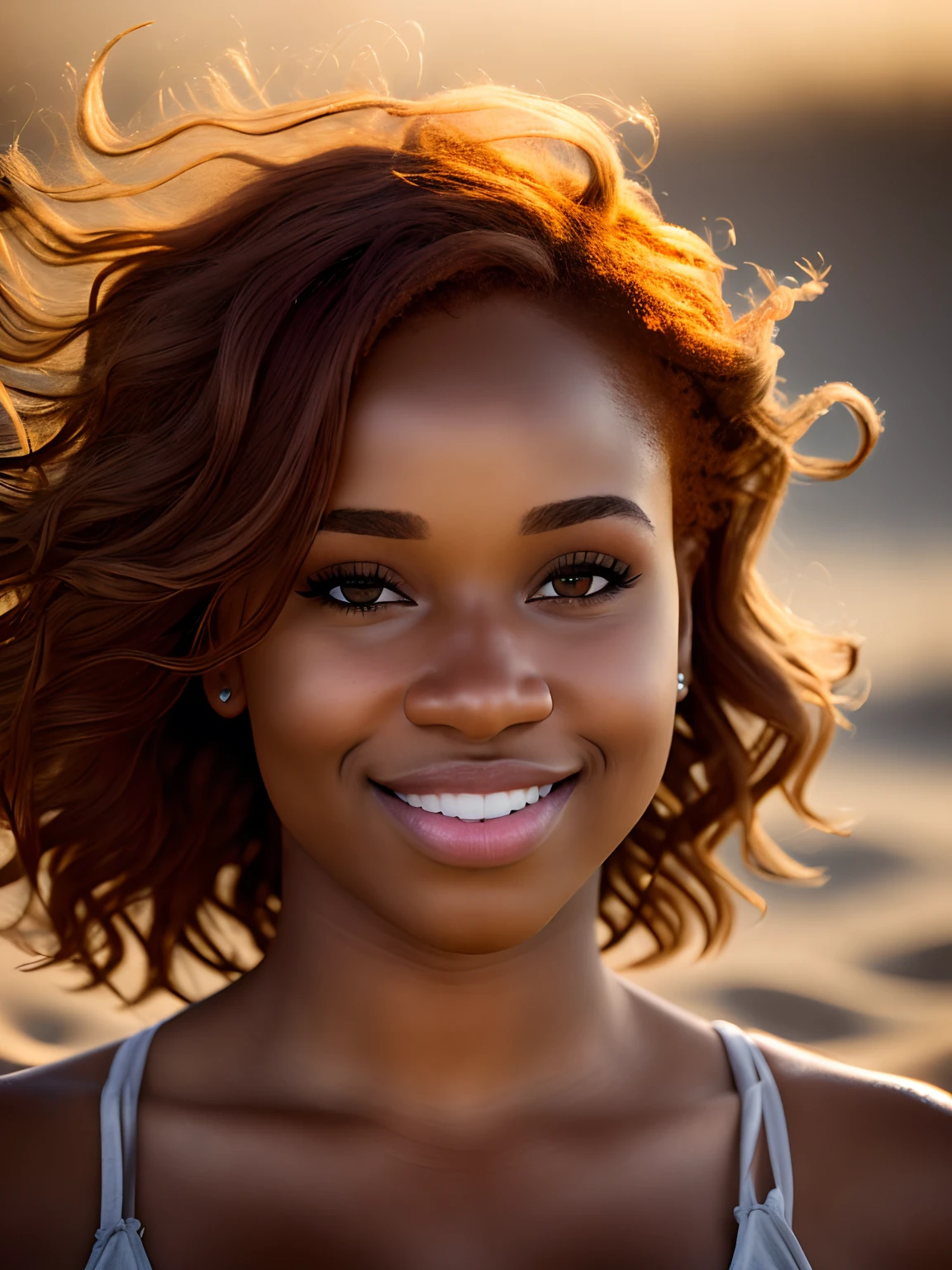Photo, Raw, [bokeh], shallow DOF, sharp eyes focus , redhead, thick body, full body shot, no cloths, with another, ((30 year old black woman )), (((ultra realistic detailed eyes))), intricate eye details, cute smile, sweaty, model shoot pose, ultra skin texture, ((ultra skin details)), skin imperfections, intricate details, ( sitting in dark sand dunes ), long messy hair, fog, volumetric lighting, ((streaking light across face)), hair light, bloom, golden hour, dark shadows, visually interesting , low key, ultra realism