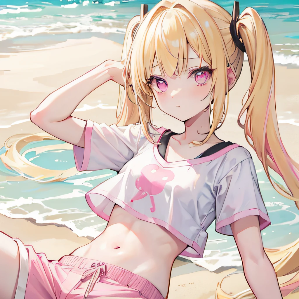 Light yellow hair,pigtails,Pink eyes,Pink pupils,s girl,white short sleeve,shorter pants,Crop topping,beach sand background