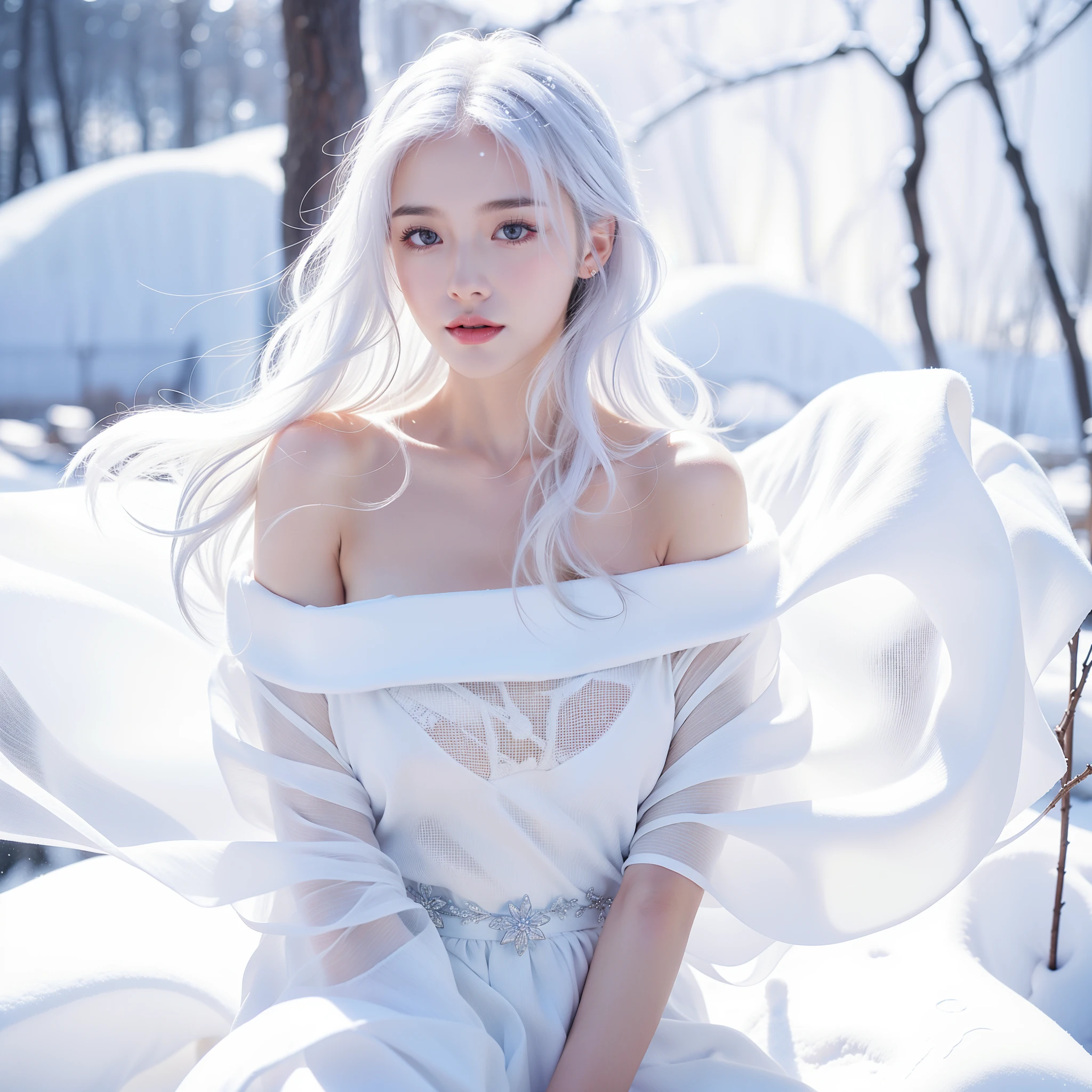 1girll,(Snow,Ice), snowflower, In winter, White hair, Shiny hair, Wavy hair, Transparent clothes, frilld, Lace, Wet clothes, Off_Shoulder, hair scrunchie,Masterpiece, Telephoto lens, absurderes, Exquisite facial features