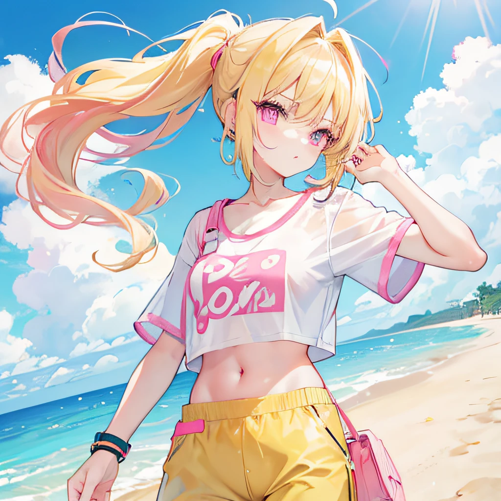Light yellow hair，Ponytail hairstyle，Pink eyes，Pink pupils，teens girl，white short sleeve，shorter pants，Crop topping，beach sand background
