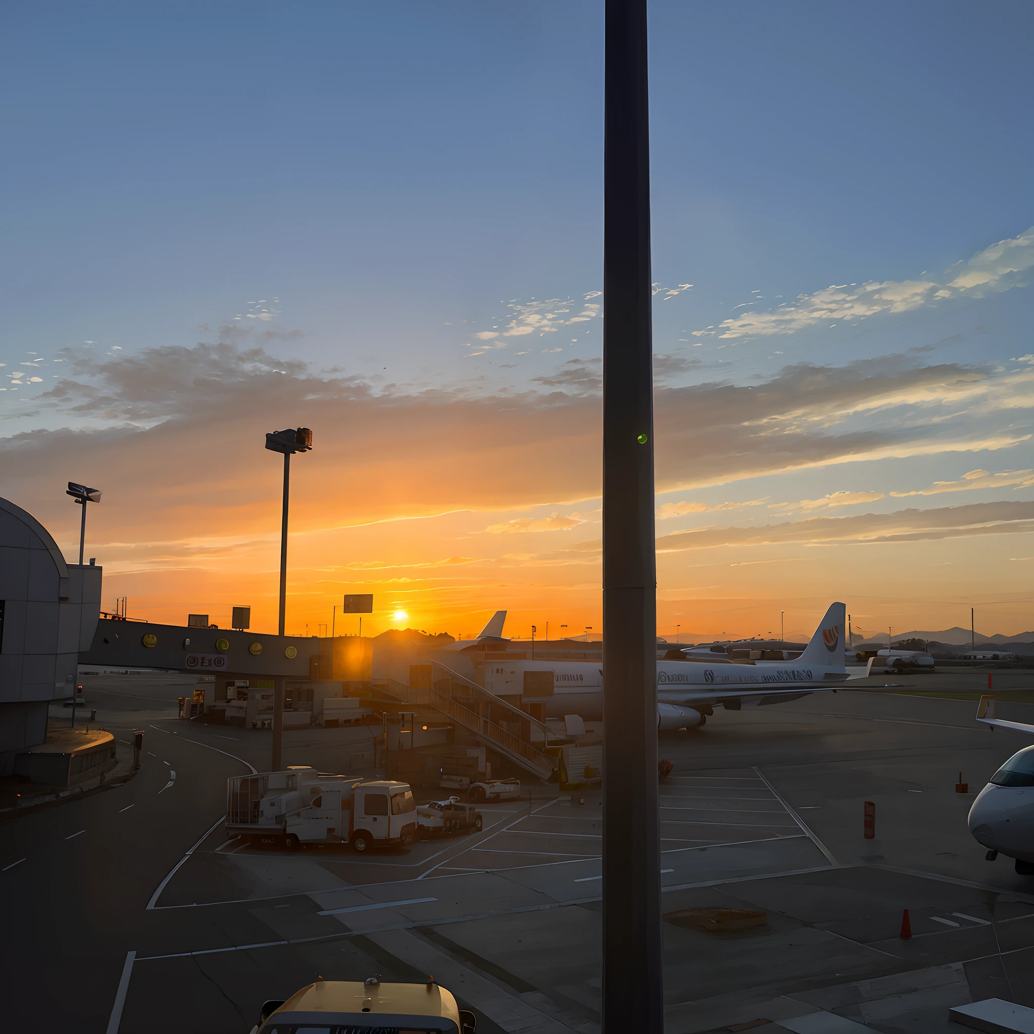 Araflannis stopped at the airport,The background is an airplane, Sunset in the background, The sun is setting, sun setting in the background, At sunrise, Sunset in the distance, taken on iphone 14 pro, the sun up on the sky is strong, Morning sunrise, taken on iphone 1 3 pro, Early morning sunrise, sunsettime, airport