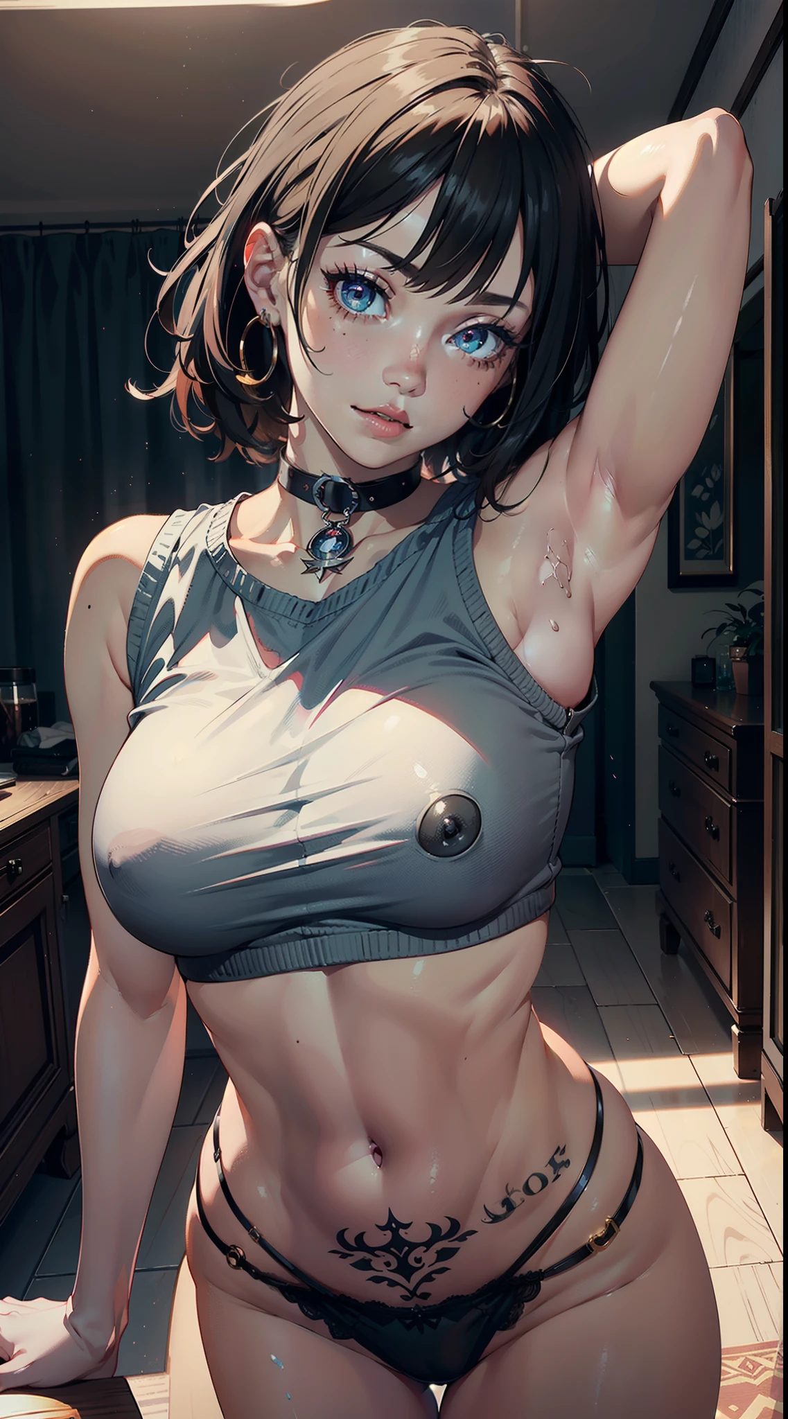 dynamic poses, ultra detail, large breast,looking at viewer, top quality, masterpiece,detail face, indoor, top quality, smile, elegant, blush, night:1.5, dog collar:1.5, body goals:1.5, pov:1.5, 1female,(very detailed cg unity 8k wallpaper),best qualtiy,cinematic lighting,detailed background,beatiful detailed eyes,bright pupil,redlip(very fine and beautiful),(beautiful and detailed eye description),ultra - detailed,masterpiece,), nsfw:1.2, tattoo, top view:1.5, white top crop:1.5, black panties:1.5