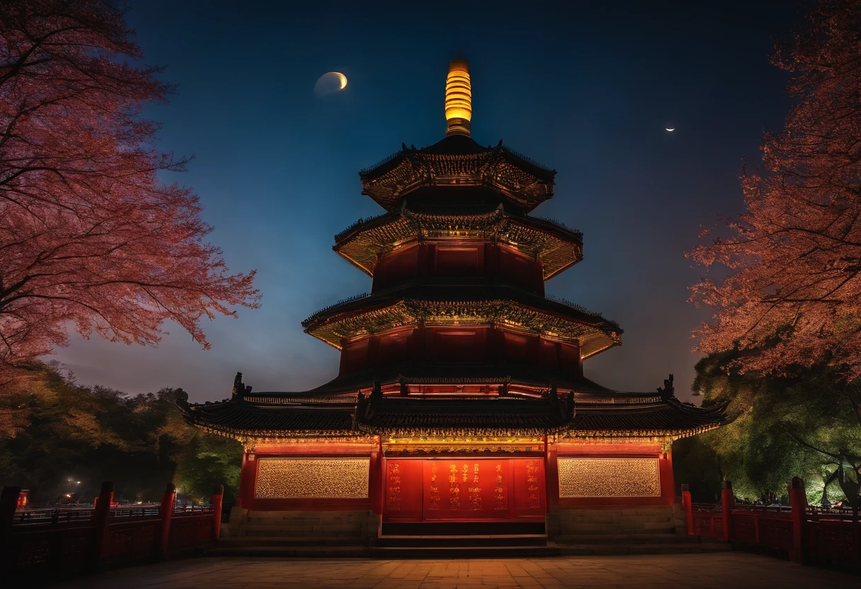 Close-up of the upper body of a time traveler,Big Wild Goose Pagoda in ancient China,Panorama Figures,festive atmosphere,The moon hangs high,full of lights