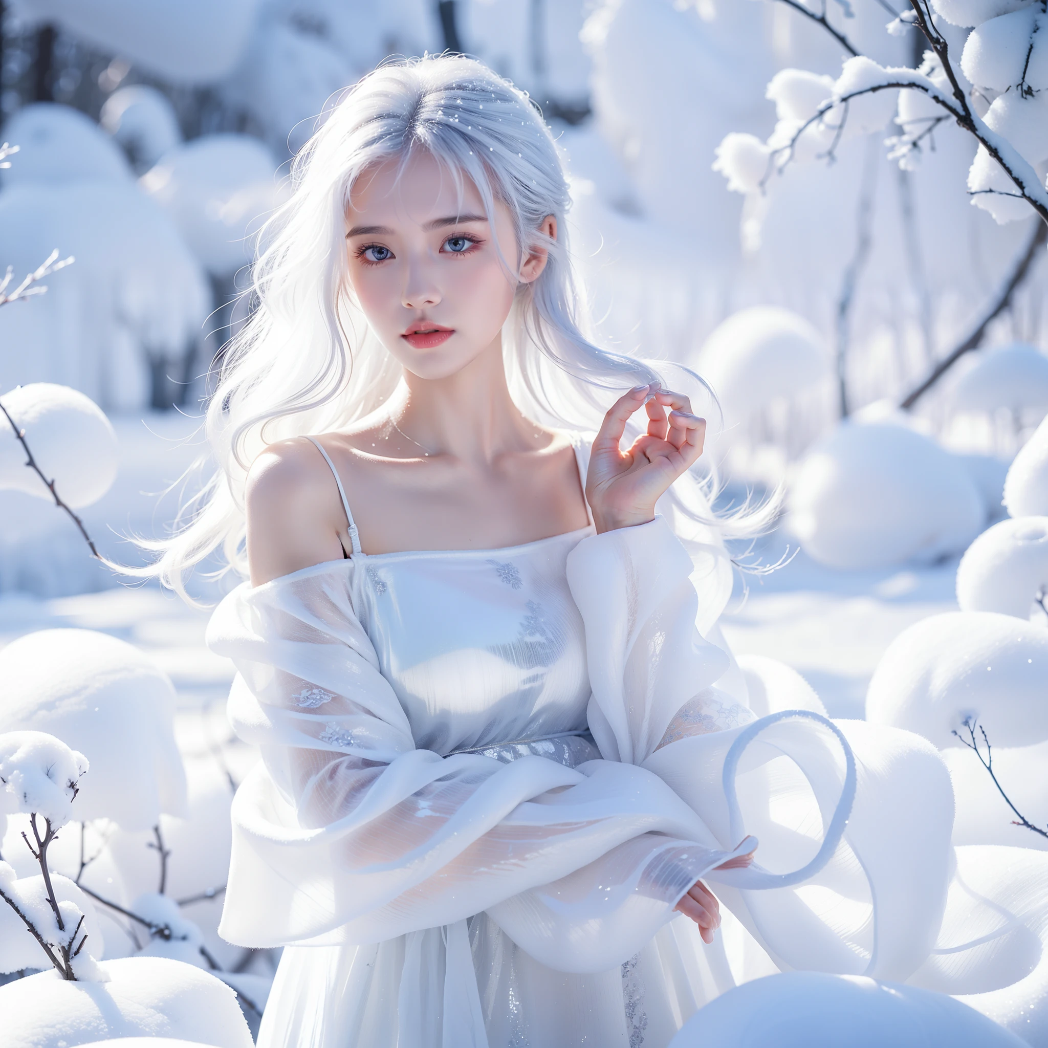 1girll,(Snow,Ice), snowflower, In winter, White hair, Shiny hair, Wavy hair, Transparent clothes, frilld, Lace, Wet clothes, Off_Shoulder, hair scrunchie,Masterpiece, Telephoto lens, absurderes, Exquisite facial features
