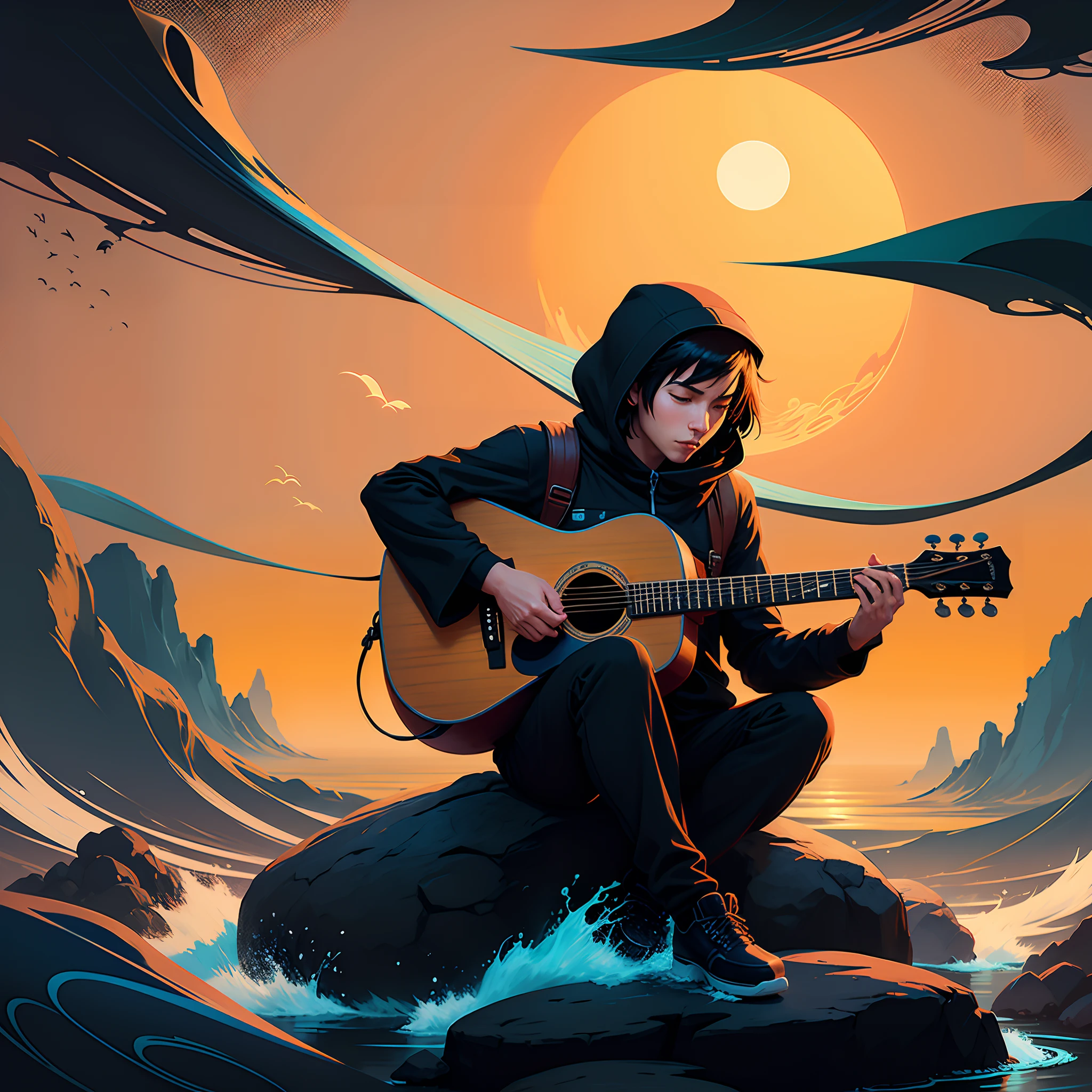a close up of a person playing a guitar on a rock, cyril rolando and goro fujita, inspired by Tom Whalen, naruto artstyle, inspired by Shūbun Tenshō, by Tom Whalen, by Cyril Rolando, from naruto, tom whalen 8 k, inspired by Cyril Rolando