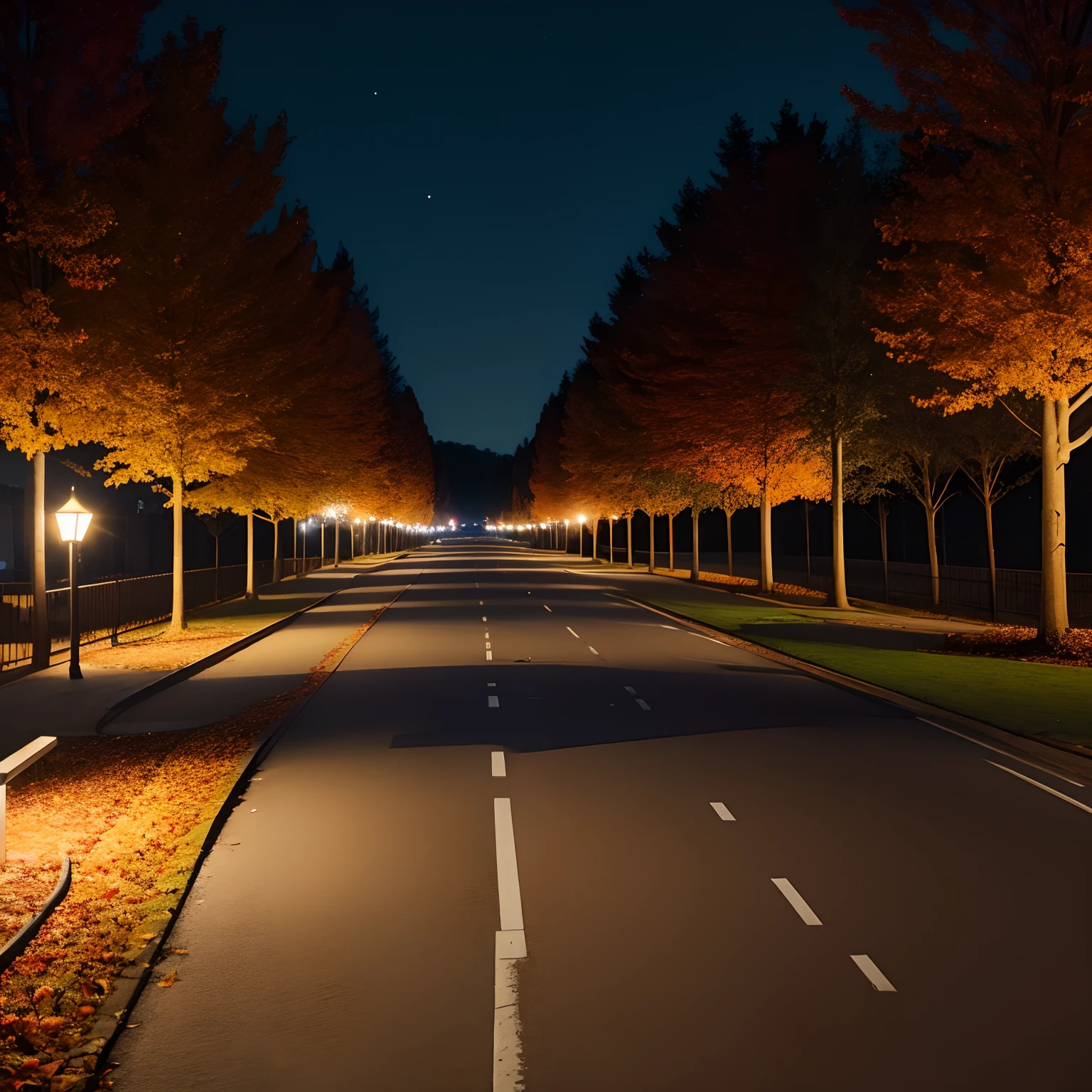 Model
DreamShaper
, Night wide street in the autumn park , A wide road is visible , Front light .