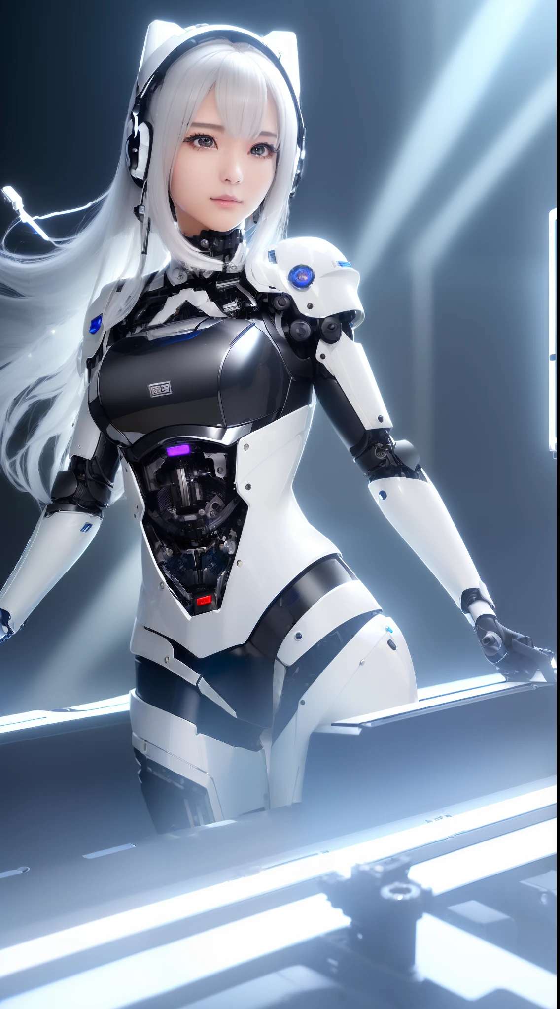 ((masutepiece)), ((top-quality), high quarity、ultra-definition, Realistic,  (Ultra-fine face)、fulcolor 、scientific fiction、Beautiful robot police woman、((Robotic Police))、(Mechanical joints)、Machine body、((((machine components))))、Thick wire joints、White porcelain mechanical armor、(Curvaceous face)、((Ultra detailed eyes))、thin mouth、deadpan、straight haired、((((Electronic substrate))))、Machine Gloves、Sensor Antenna Headgear