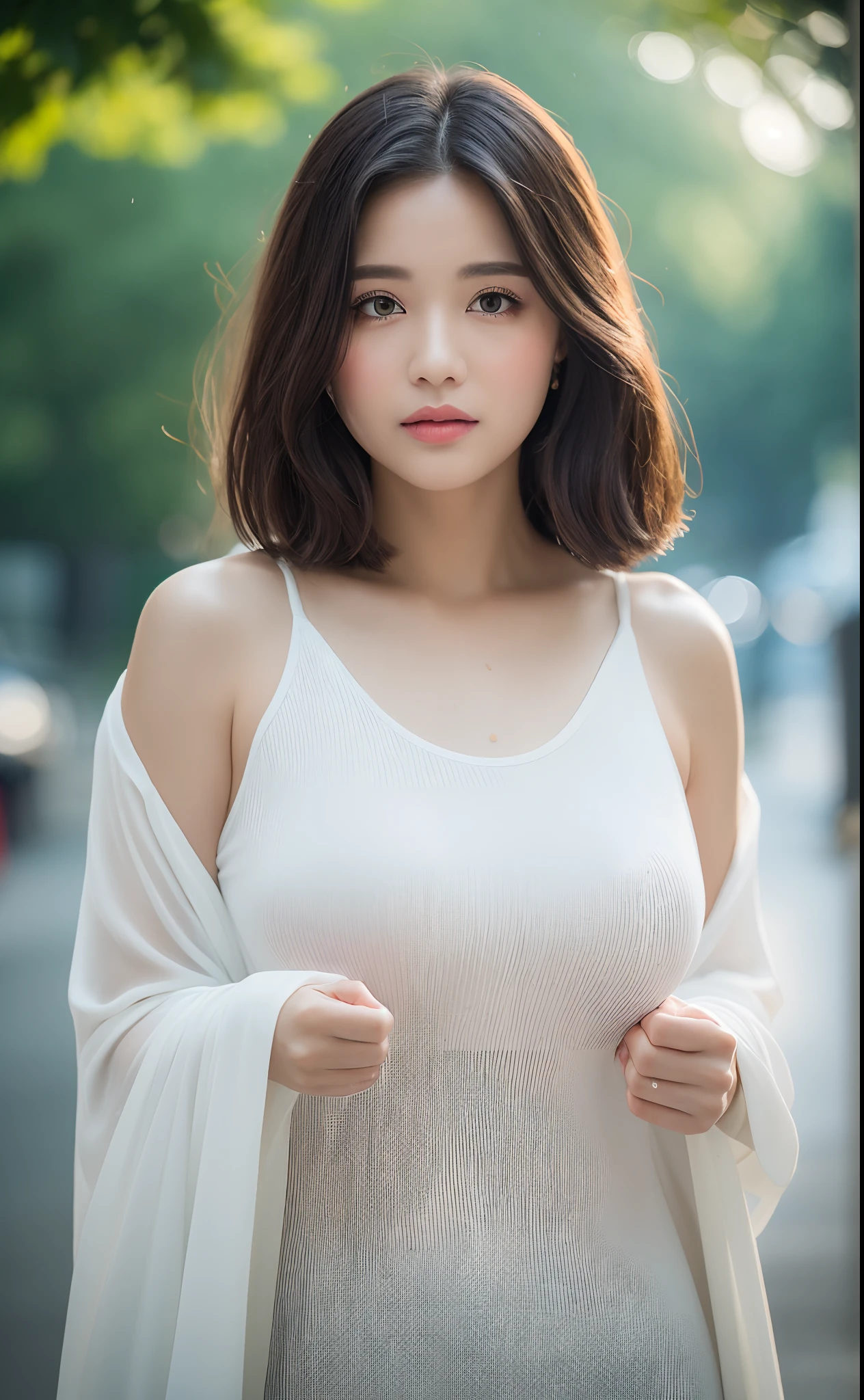((Best Quality, 8k, Masterpiece: 1.3)), Focus: 1.2, Perfect Body Beauty: 1.4, Buttocks: 1.2, ((Layered Haircut)), (Wet Clothes: 1.1), (Rain, Street:1.3), (Breasts: 1.2), (Hanfu: 1.2), Bare Shoulders, Bare Legs, Highly Detailed Face and Skin Texture, Fine Eyes, Double Eyelids, Whitened Skin, Long Hair, (Shut Up: 1.5), (Bokeh Background: 1.5), Big Breasts