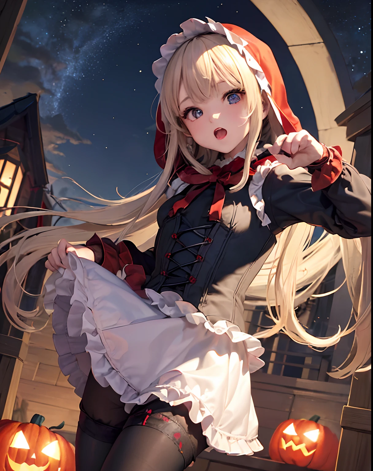 ​masterpiece、hiquality、1girl in、独奏、Marie Rose、cowboy  shot、embarassed expression、(((Little Red Riding Hood's clothes)))、((White blouses))、((pantyhose))、(long boots)、natta、Pumpkin Lantern、((a miniskirt))、fullmoon、((corsets))、((Black panties))、Sit up、Opening legs