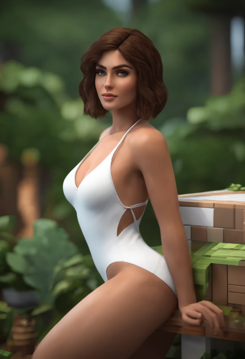 estilo video juego "minecraft", Woman 25 years Latina, cara detallada real, pecas en las mejillas, short brown hair, ojos realistas cafe, ultra hd, 8k, (((White swimsuit, big ass)))