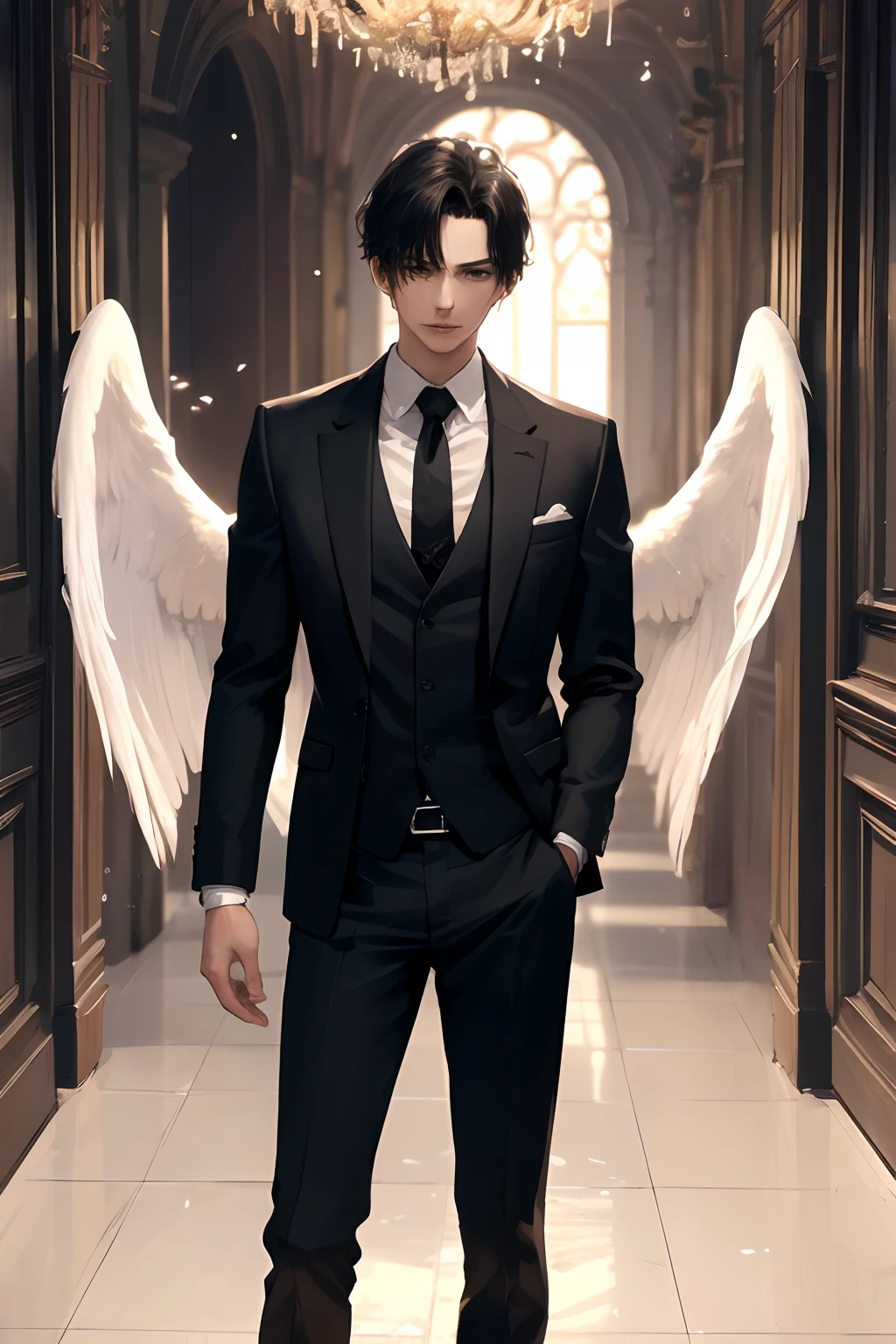exceptional, best aesthetic, new, newest, best quality, masterpiece, extremely detaile, 1boy,man in black suit,angel,black haired man,Constantine,tie,Good Omens,angel wings,anime