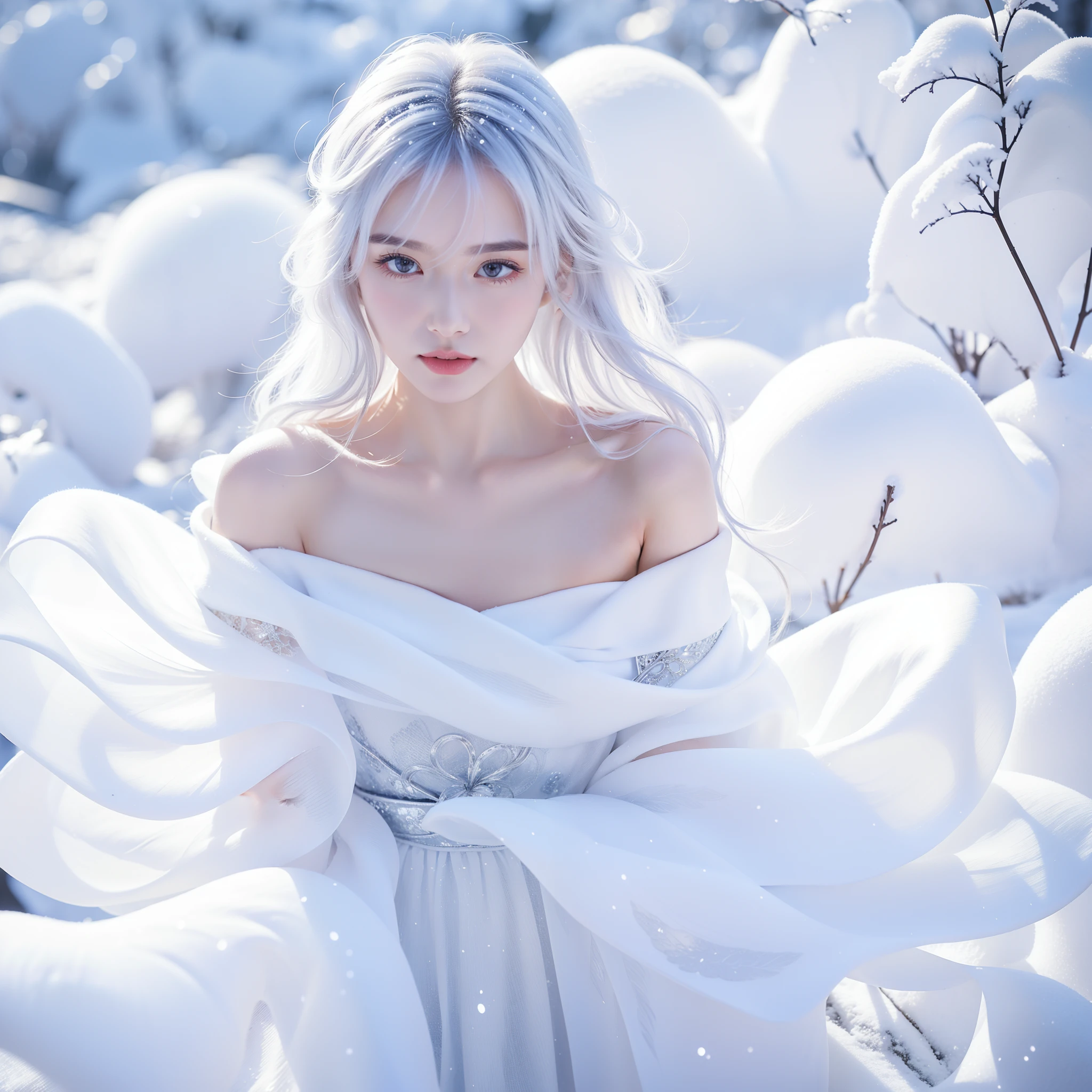 1girll,(Snow,Ice), snowflower, In winter, White hair, Shiny hair, Wavy hair, Transparent clothes, frilld, Lace, Wet clothes, Off_Shoulder, hair scrunchie,Masterpiece, Telephoto lens, absurderes, Exquisite facial features